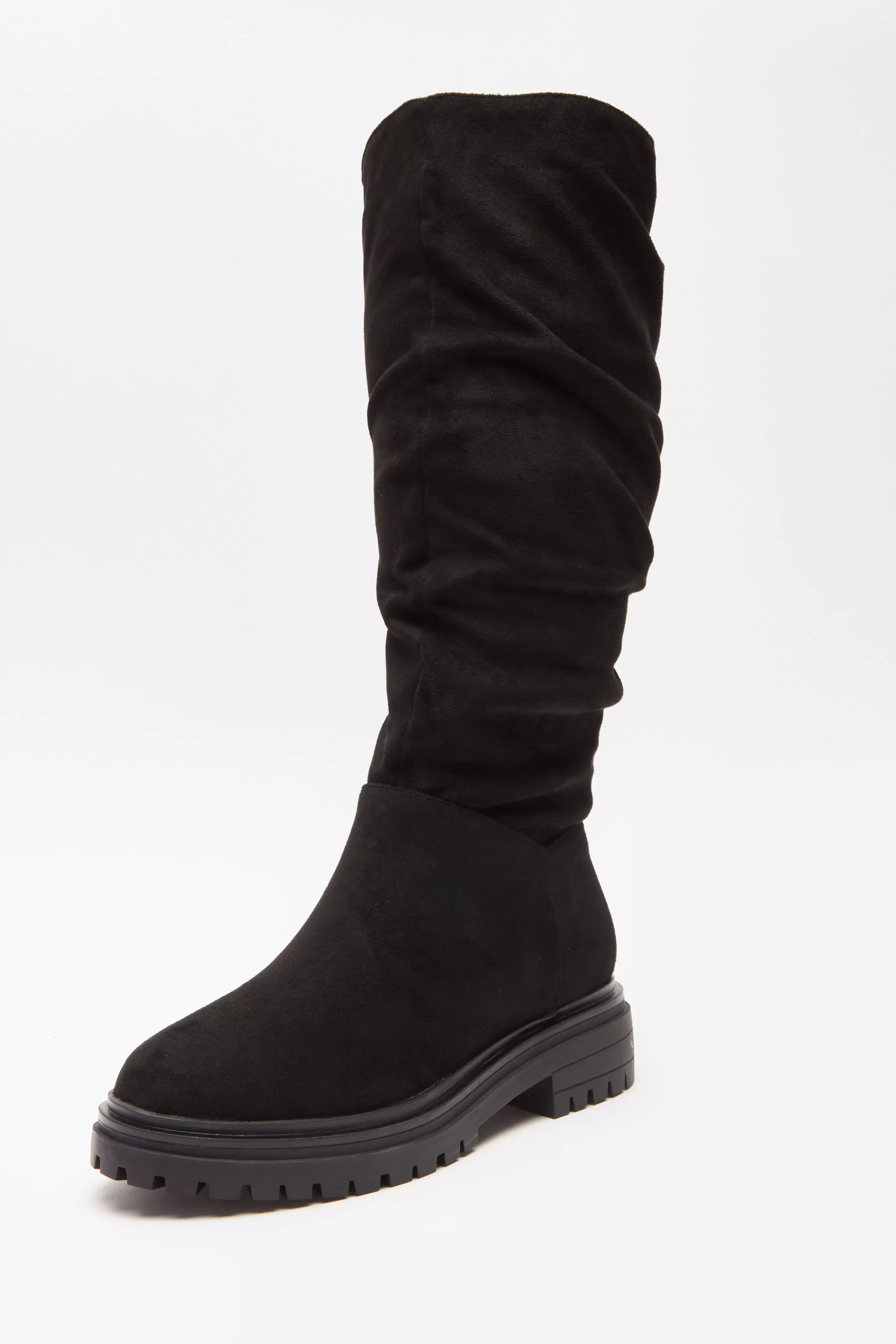 Black Faux Suede Ruched Boots