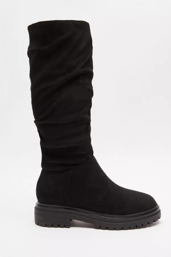 Black Faux Suede Ruched Boots