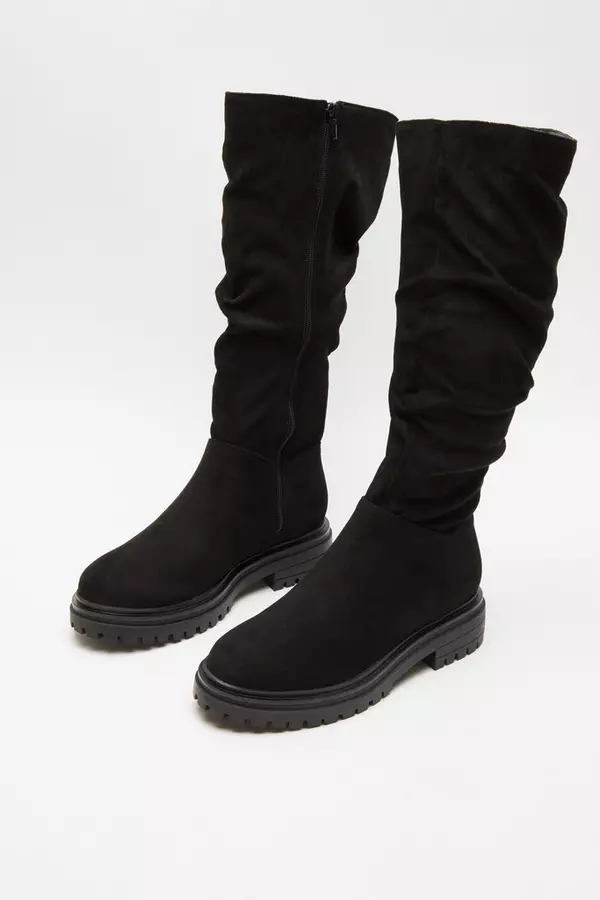 Black Faux Suede Ruched Boots