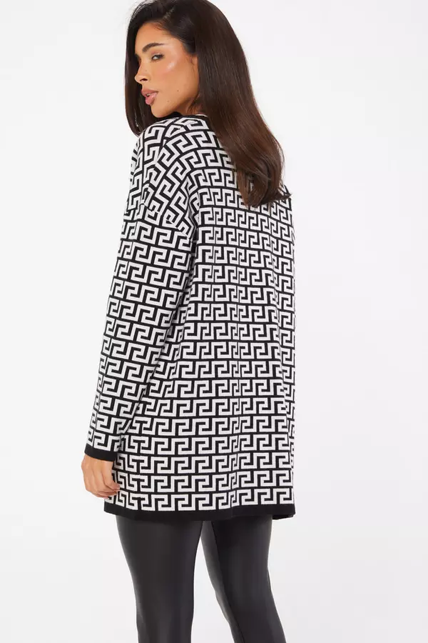 Black Trim Geometric Print Knitted Cardigan