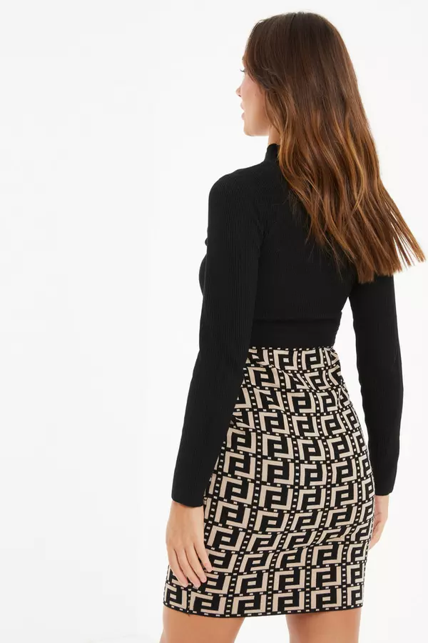 Black Geometric Print Knitted Jumper Dress