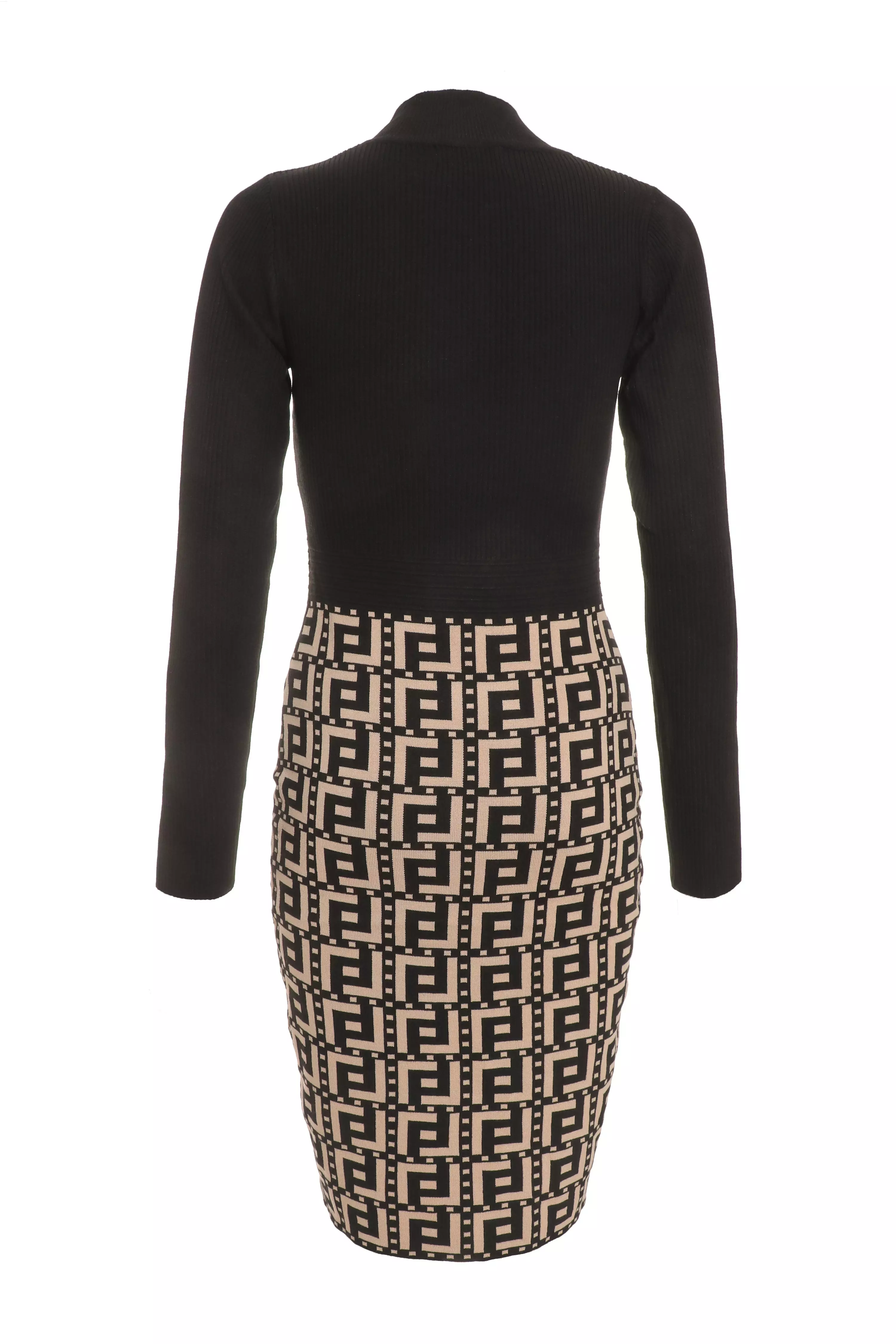 Black Geometric Print Knitted Jumper Dress