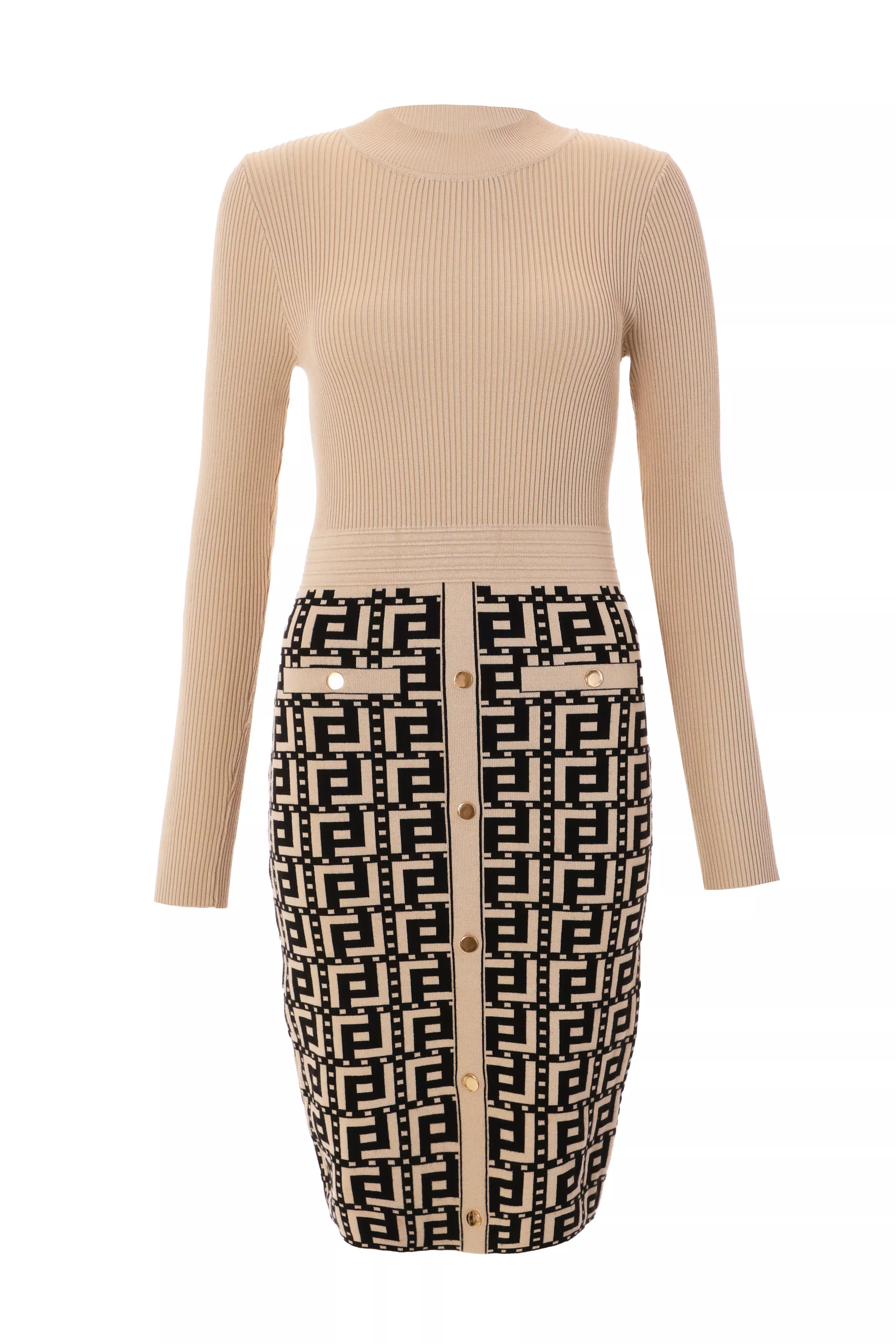 Stone Geometric Print Knitted Jumper Dress