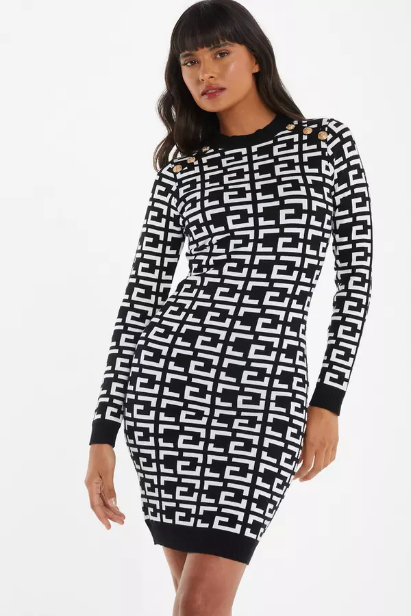 Black Geometric Print Mini Jumper Dress