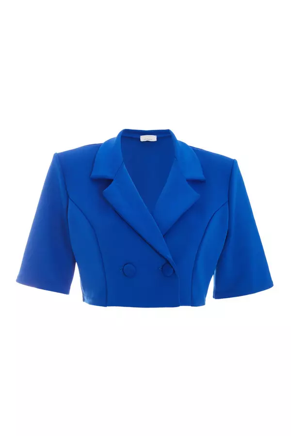 Blue Short Sleeve Cropped Blazer