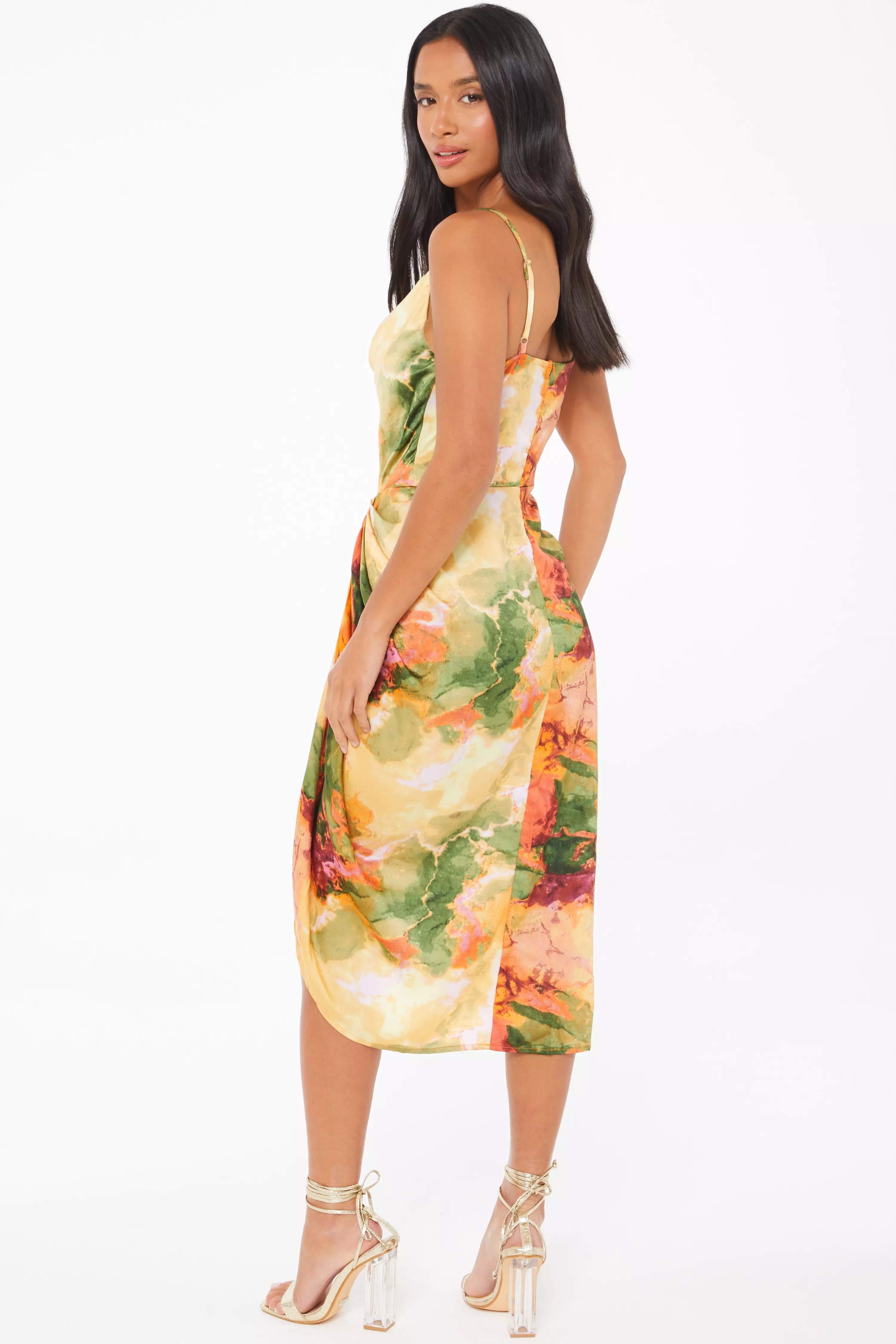 Petite Multicolored Marble Print Ruched Midi Dress