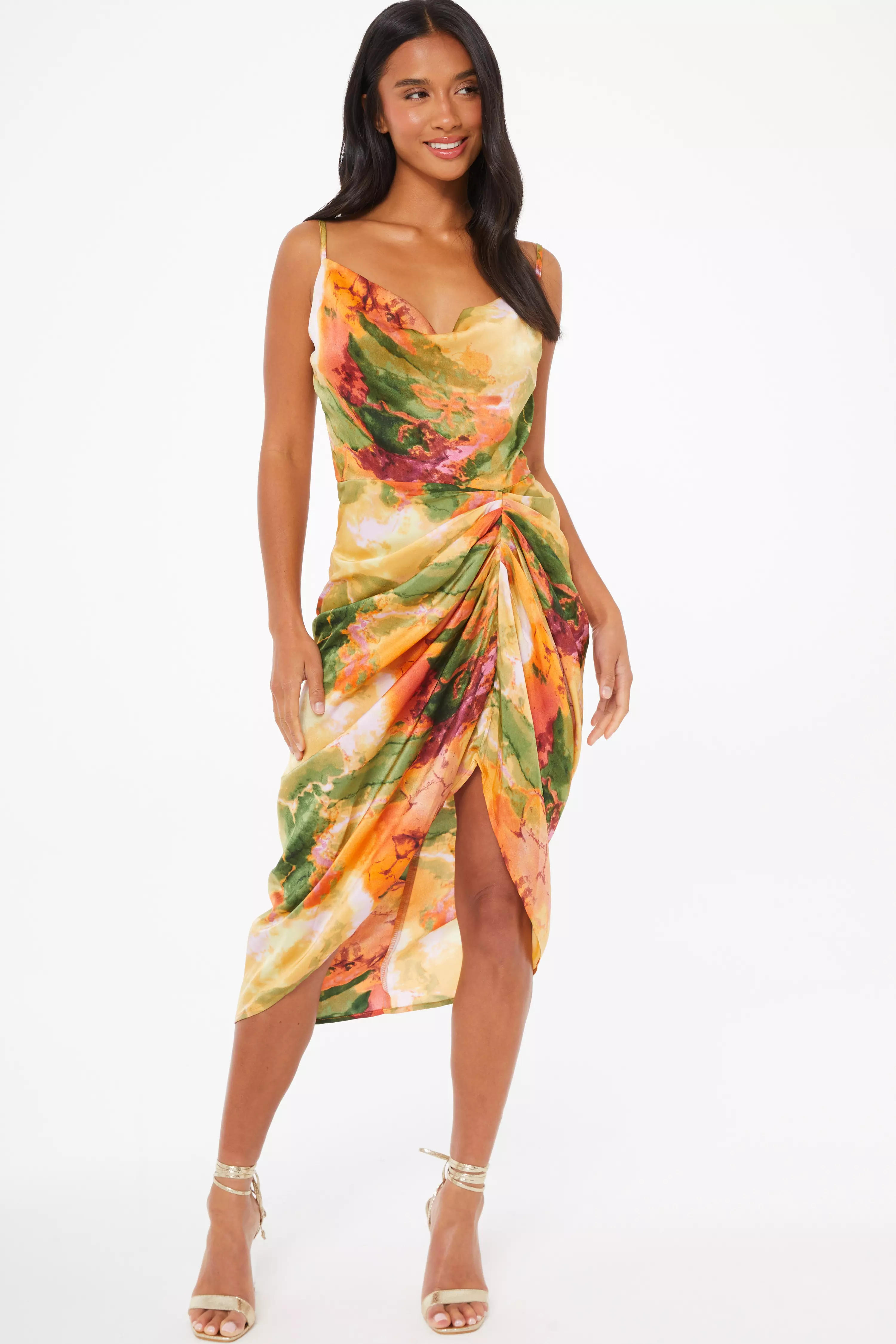 Petite Multicolored Marble Print Ruched Midi Dress