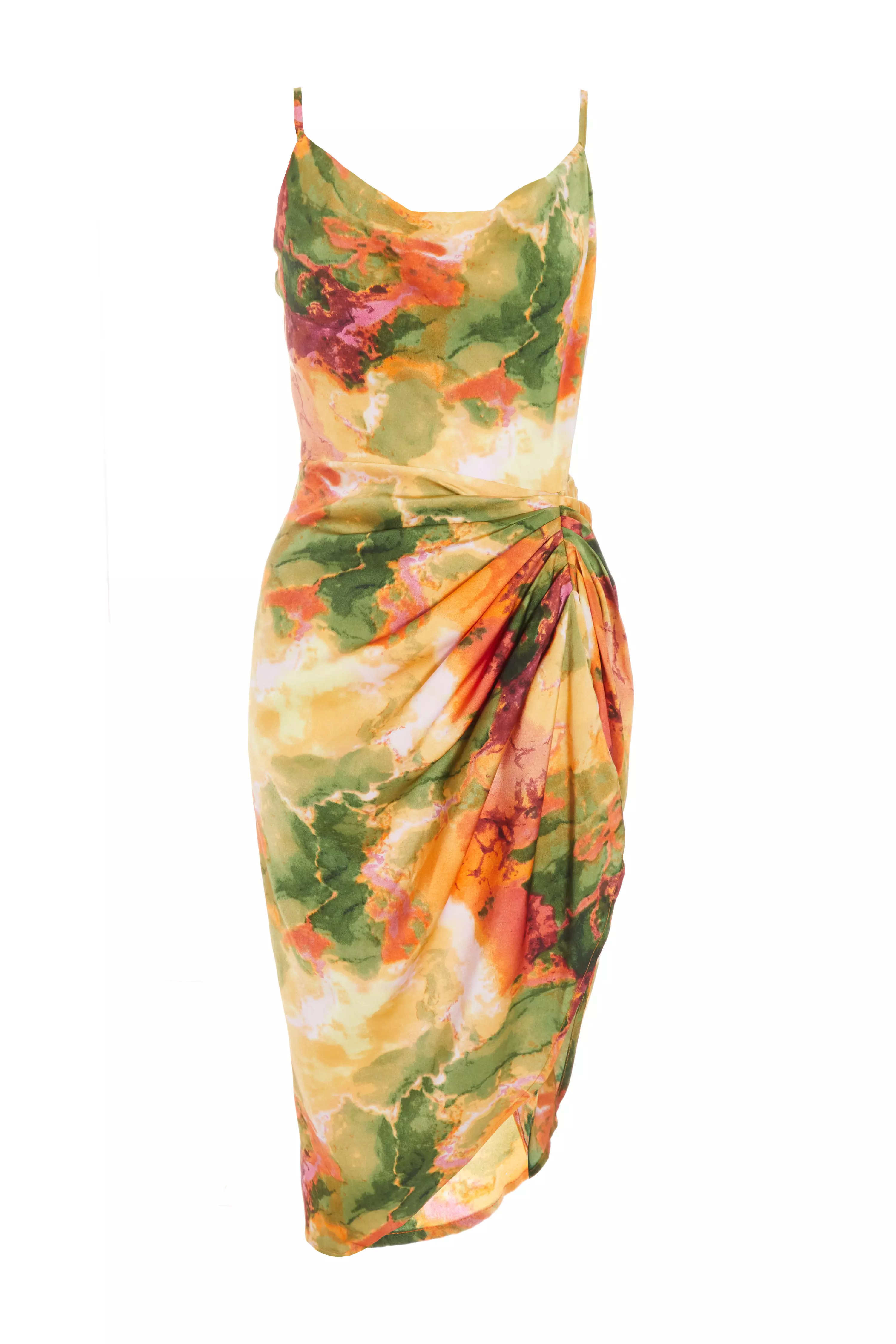 Petite Multicolored Marble Print Ruched Midi Dress