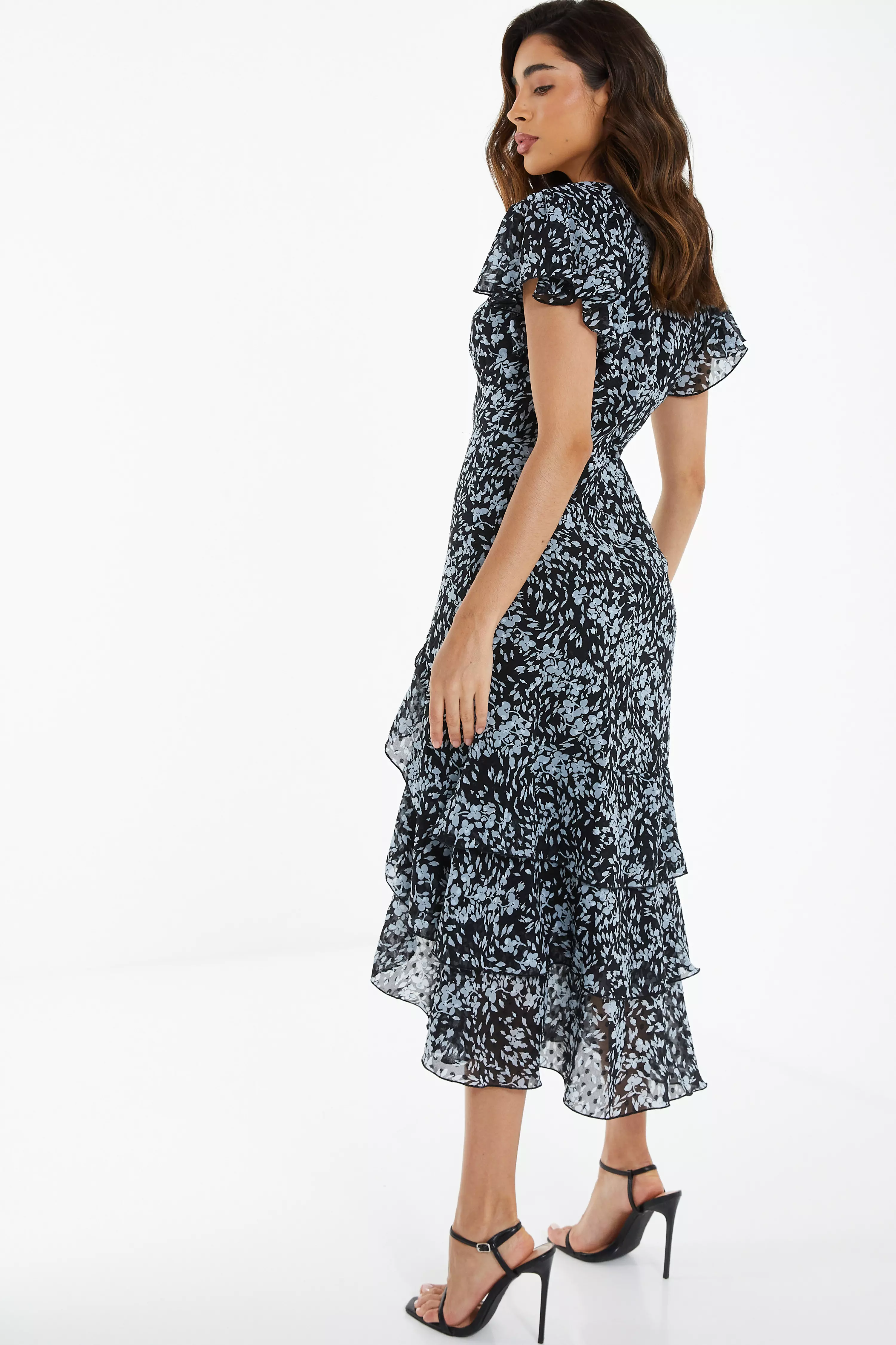 Black Floral Tiered Midi Dress