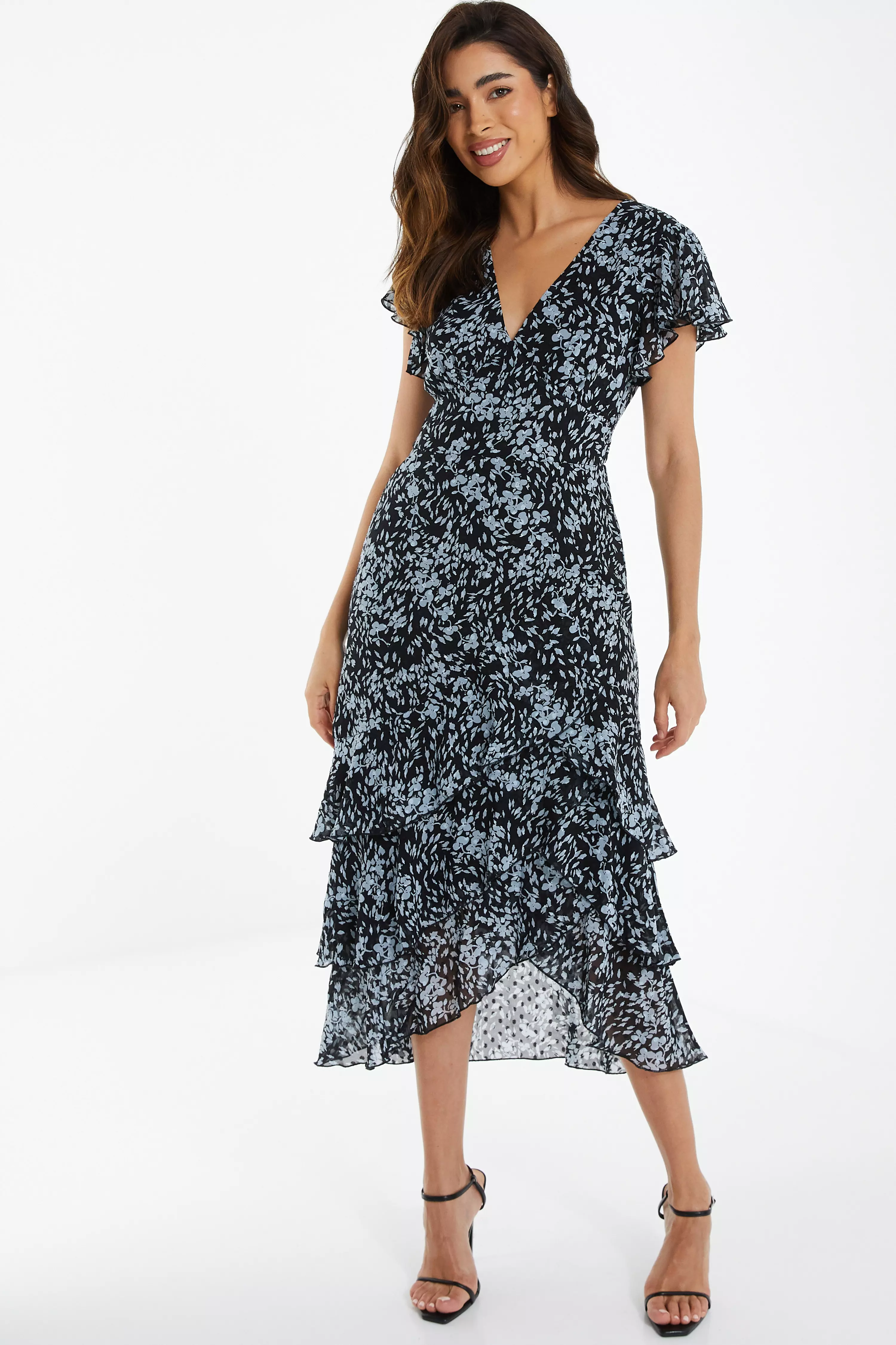 Black Floral Tiered Midi Dress