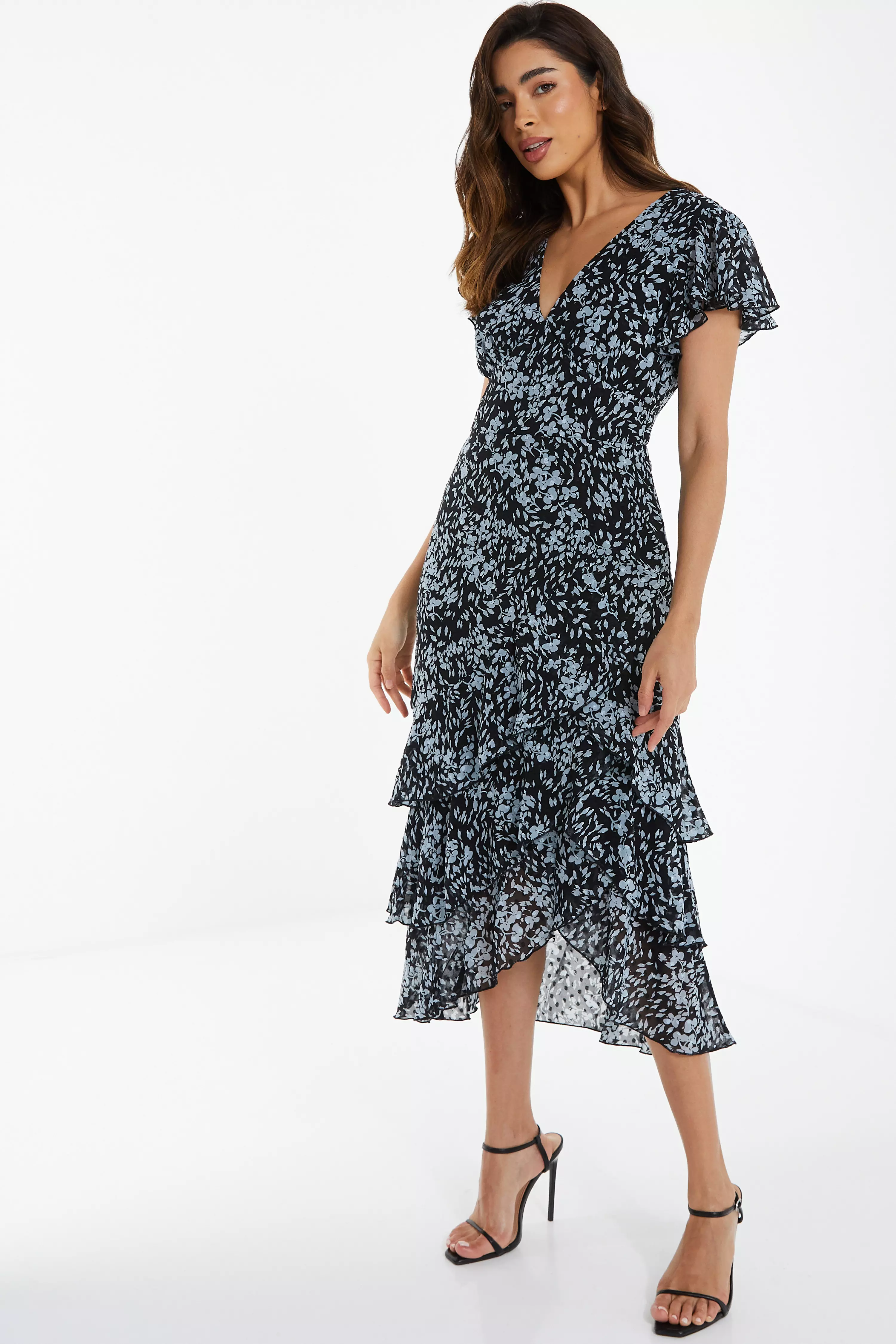 Black Floral Tiered Midi Dress