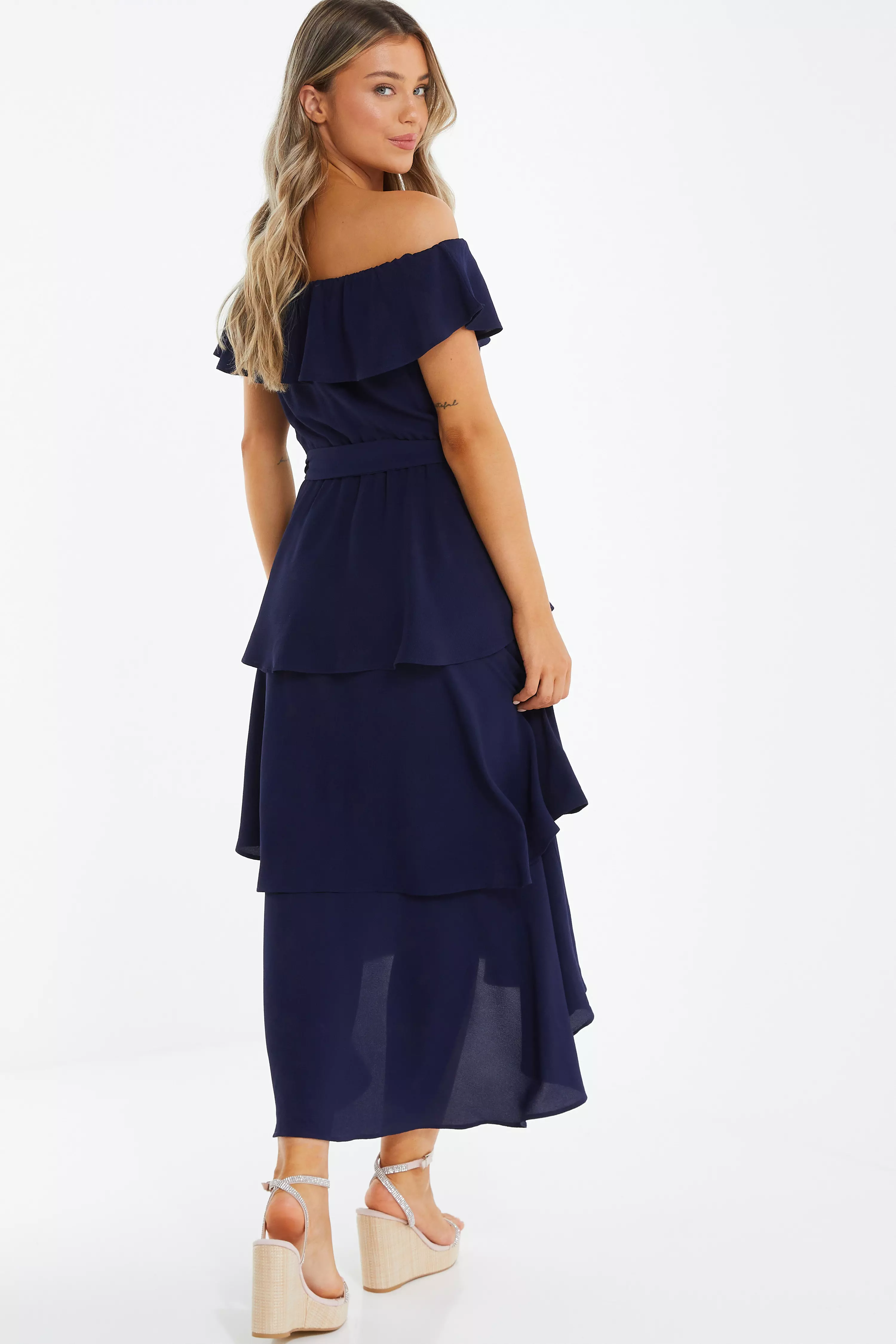 Navy Bardot Dip Hem Midi Dress