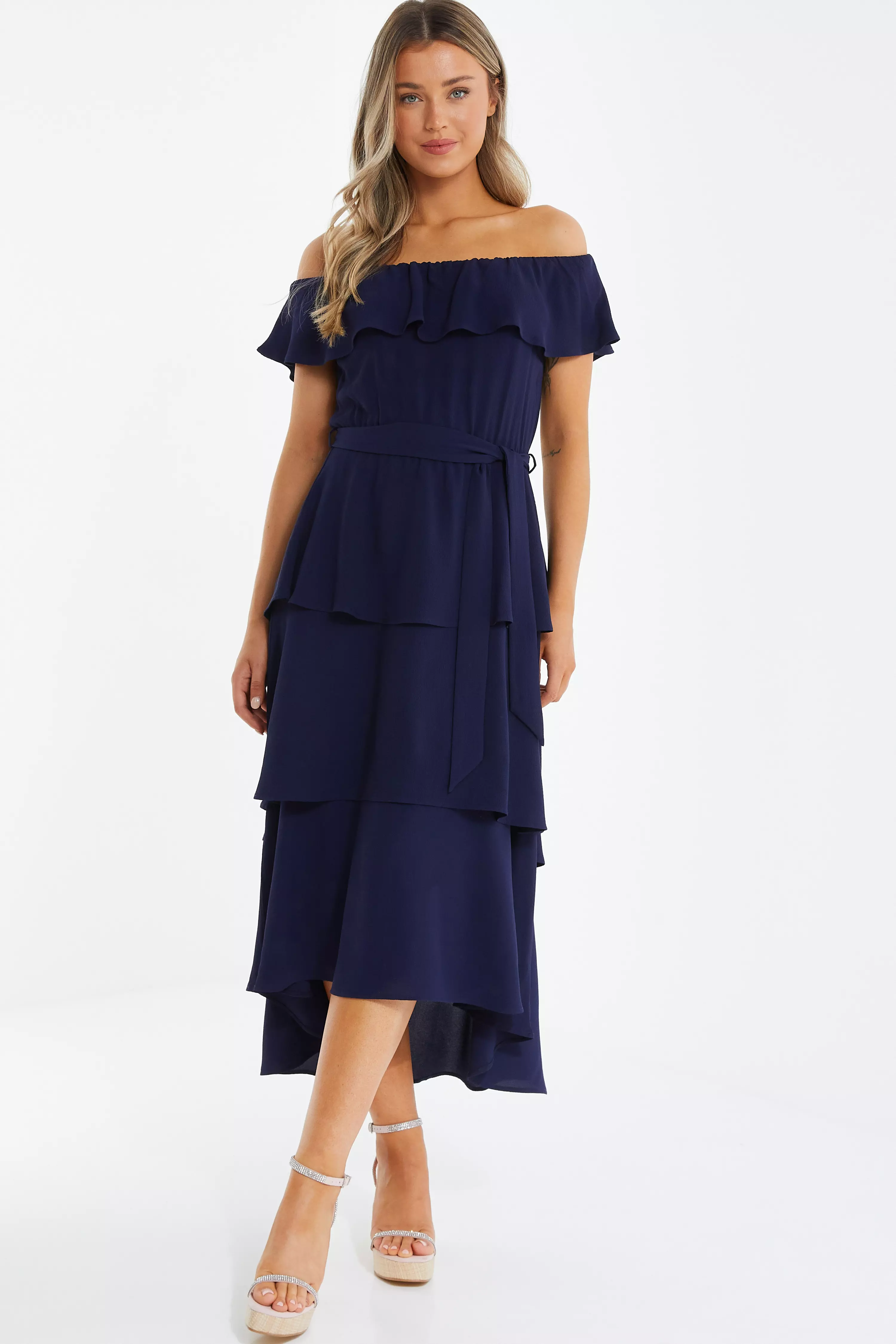 Navy Bardot Dip Hem Midi Dress