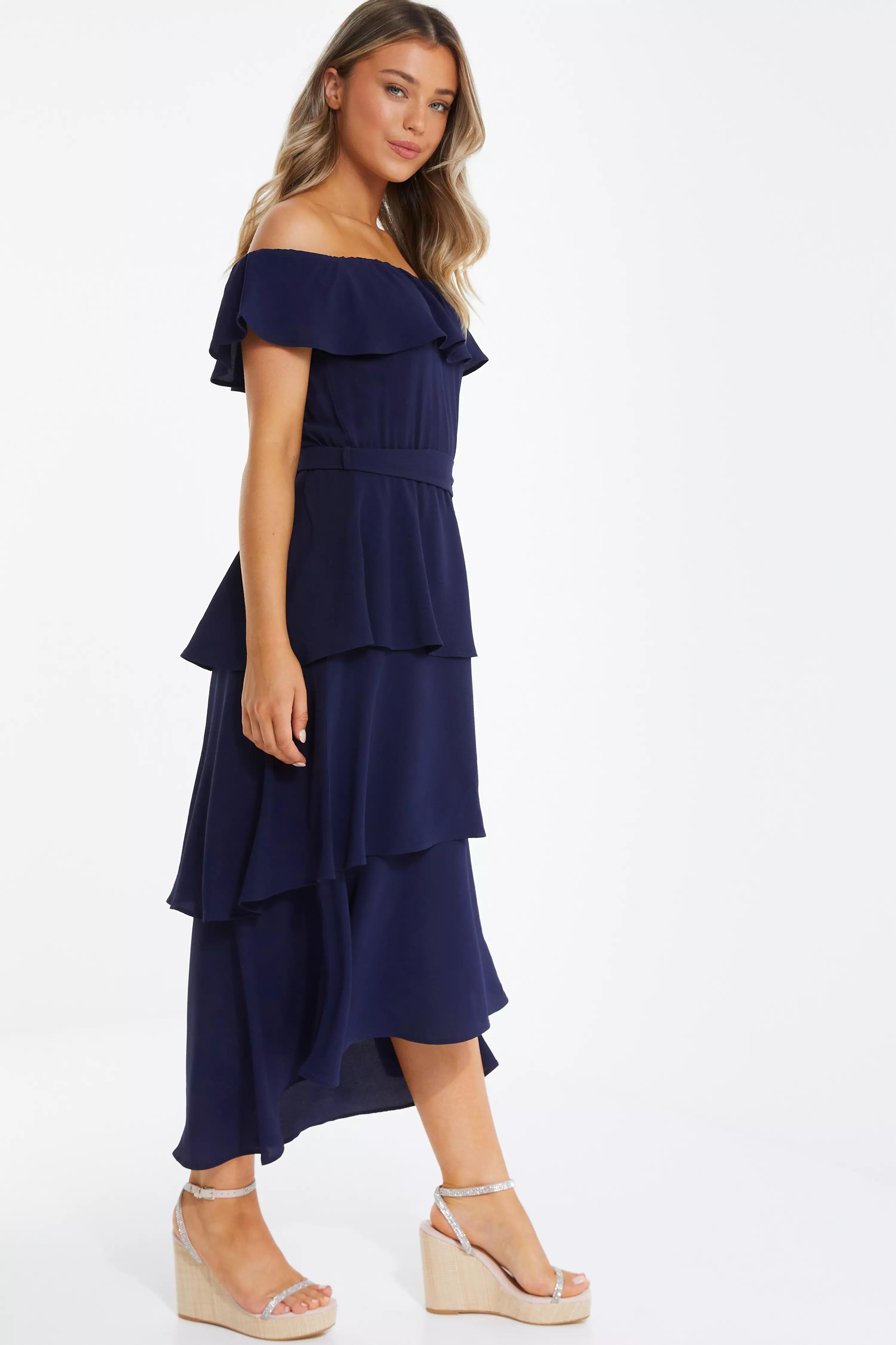 Navy Bardot Dip Hem Midi Dress