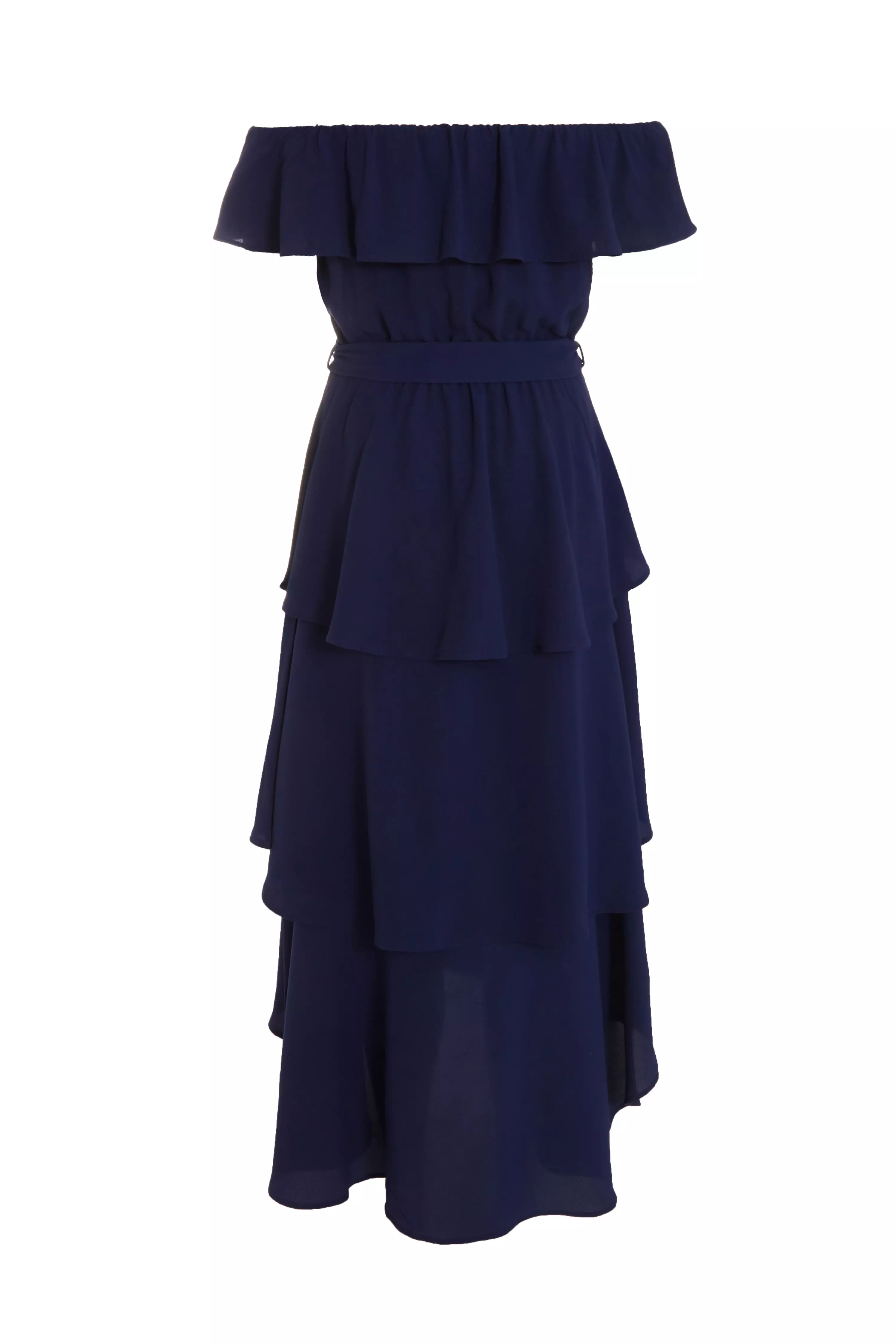 Navy Bardot Dip Hem Midi Dress