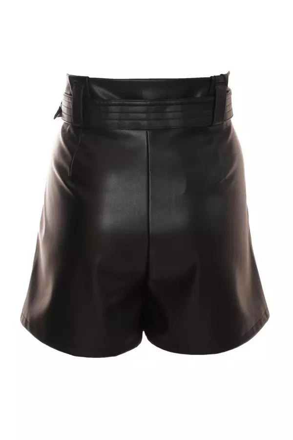 Black Faux Leather Belted Shorts