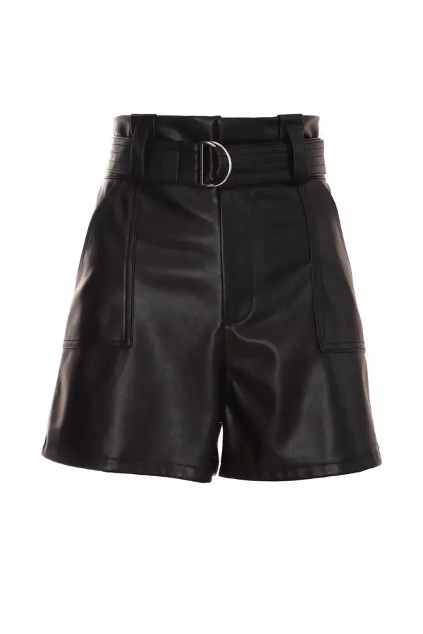 Black Faux Leather Belted Shorts