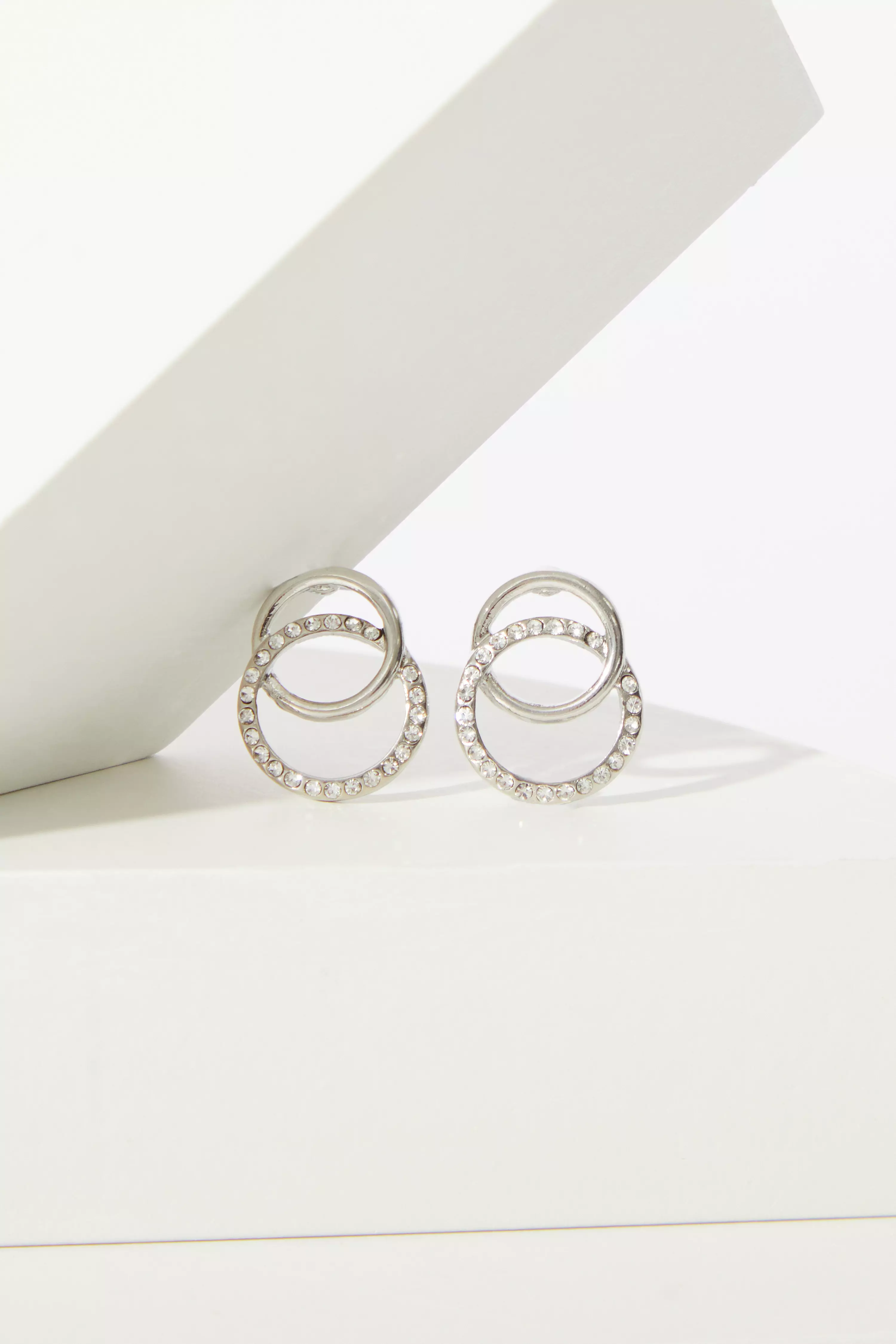 Silver Double Circle Stud Earrings