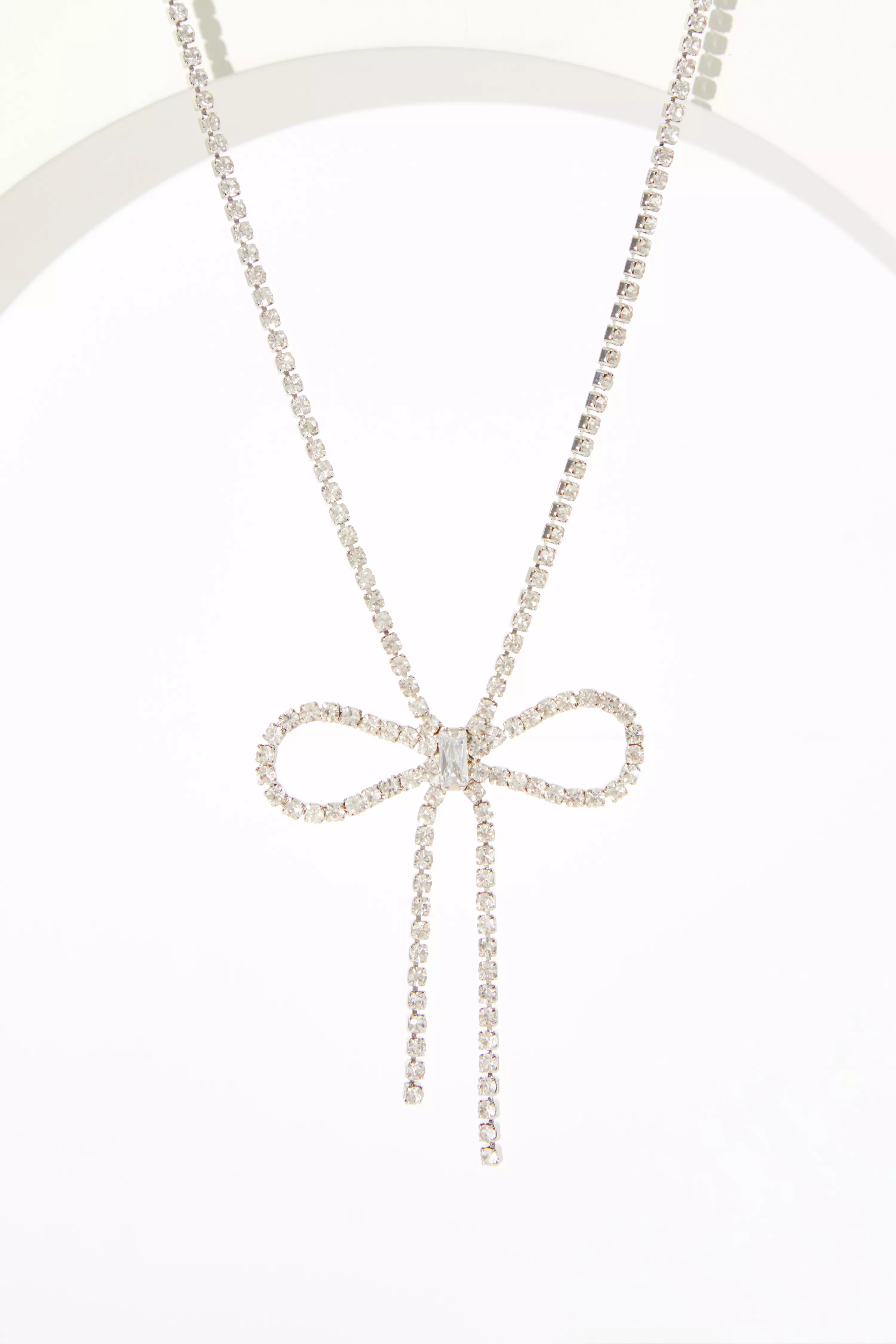 Silver Diamante Bow Necklace