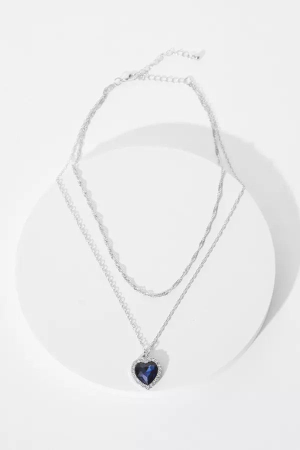 Navy Diamante Heart Pendant Necklace