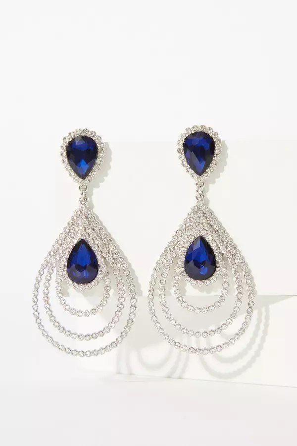 Navy Jewel Diamante Large Tear Drop Earrings