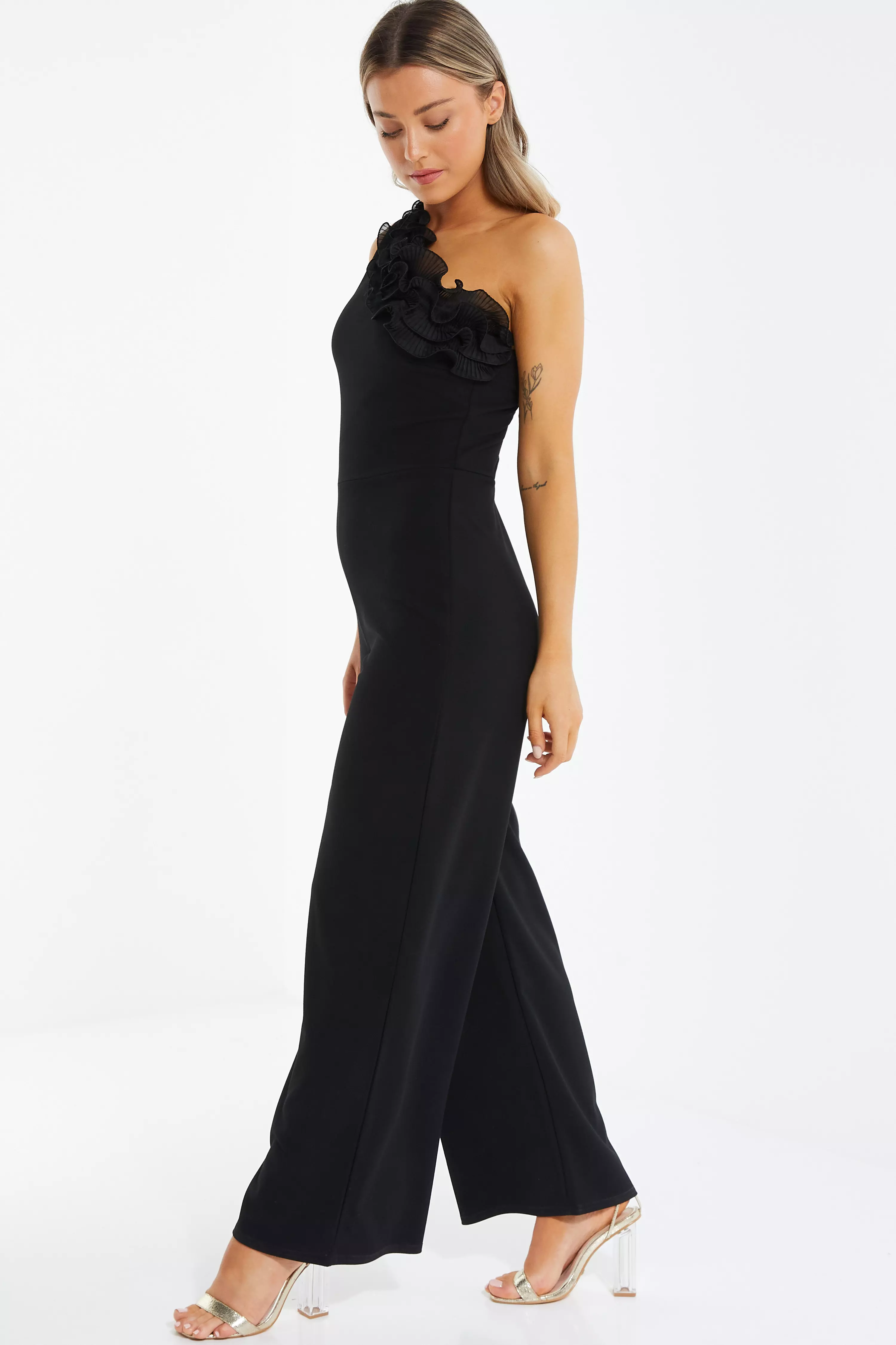 Black One Shoulder Frill Jumpsuit