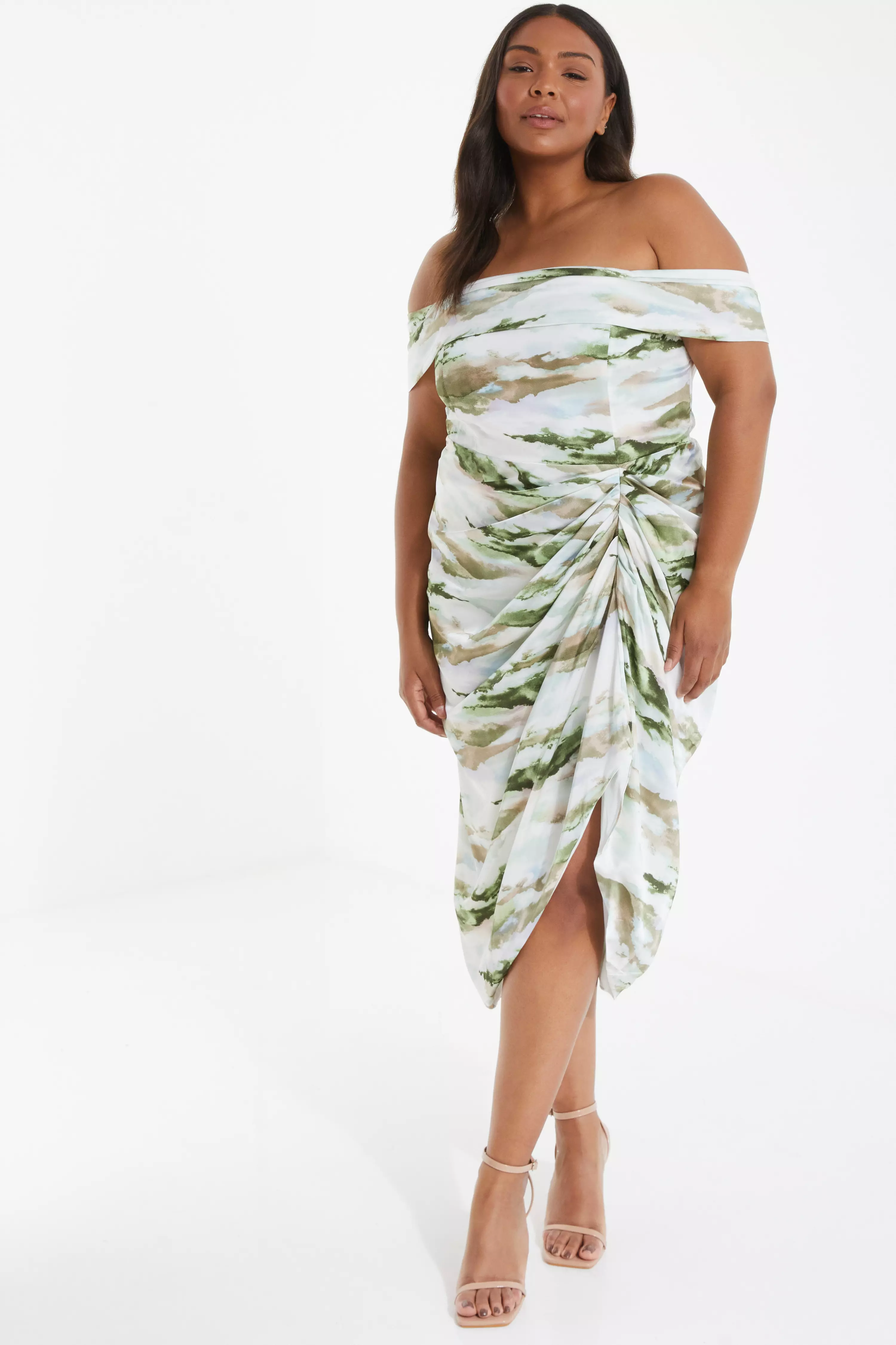 Curve Green Marble Print Bardot Midi Dress