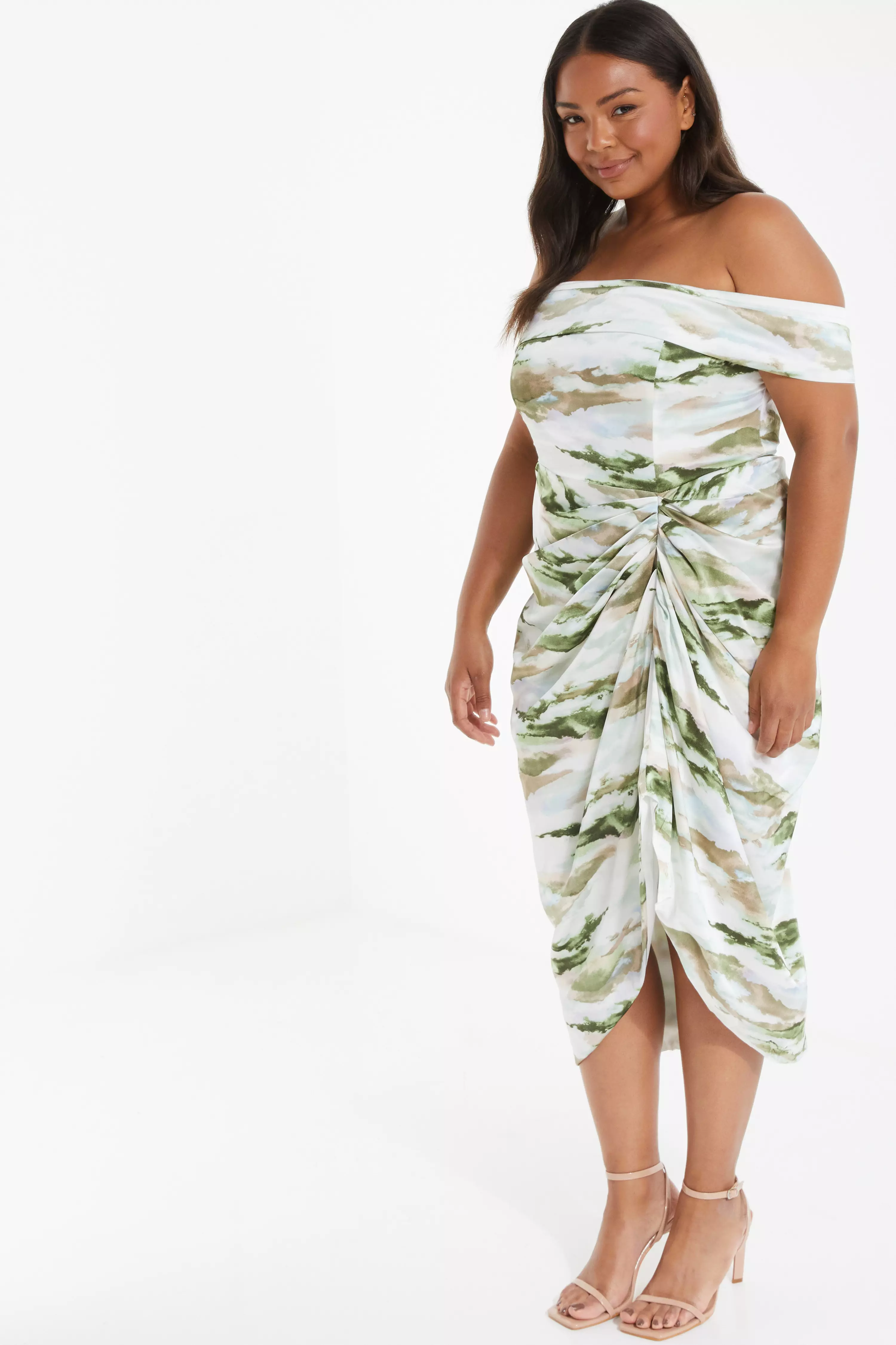 Curve Green Marble Print Bardot Midi Dress