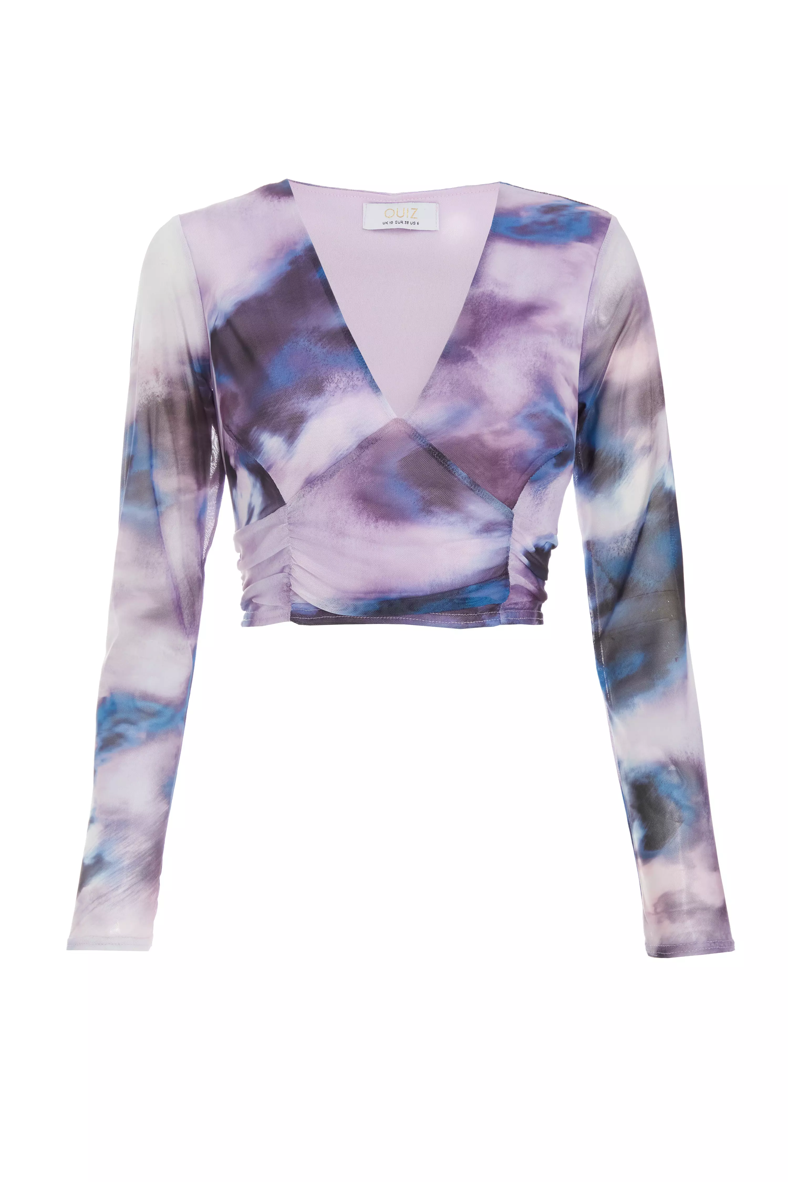 Purple Marble Print Mesh Crop Top