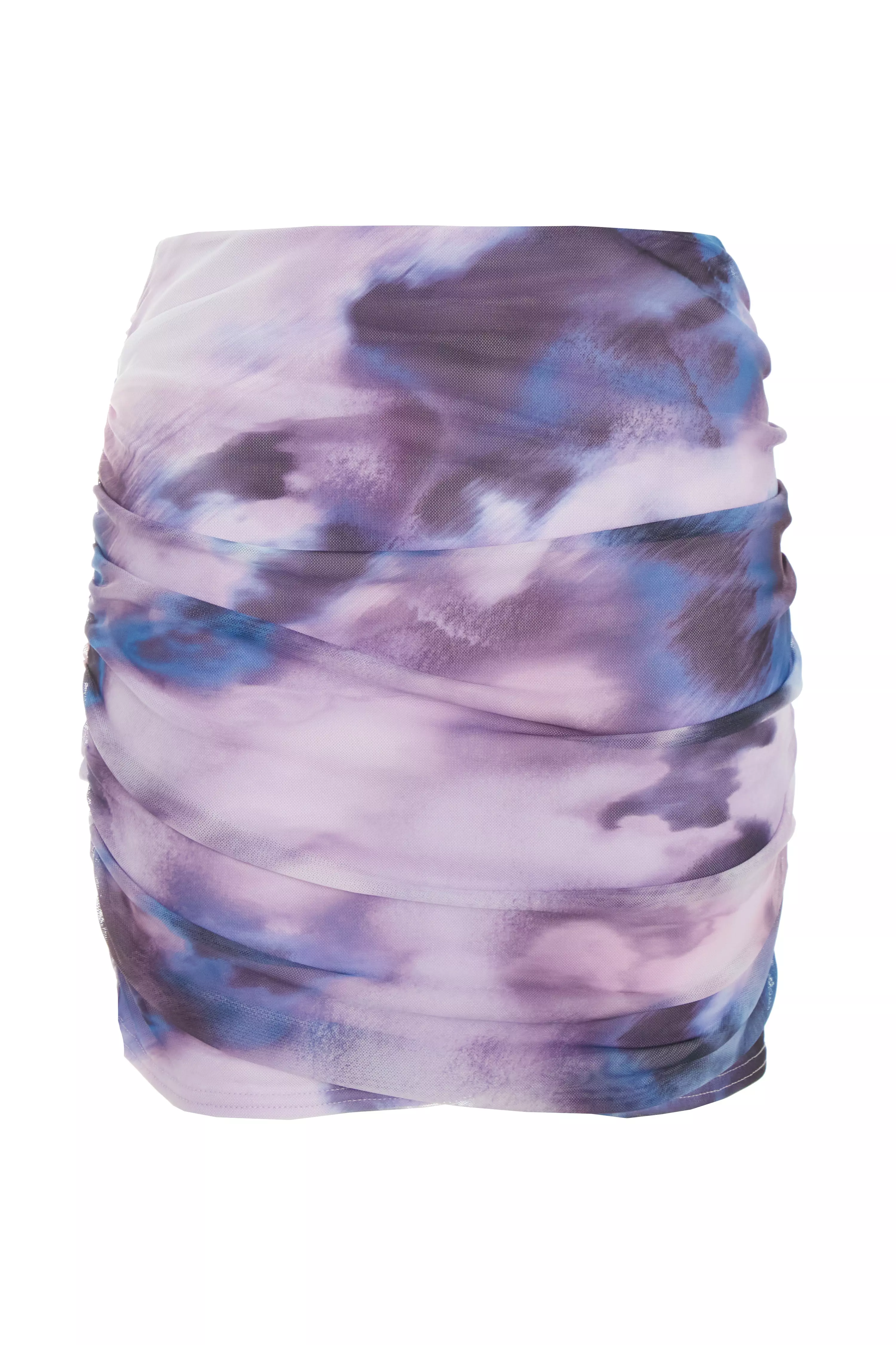 Purple Marble Print Mesh Ruched Mini Skirt