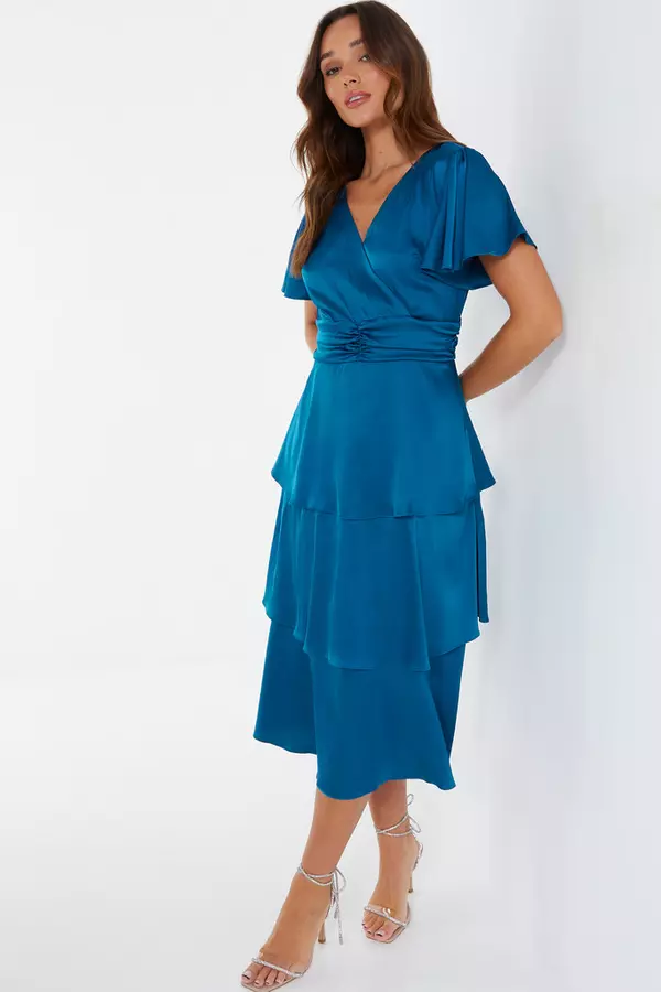 Blue Satin Tiered Wrap Midi Dress