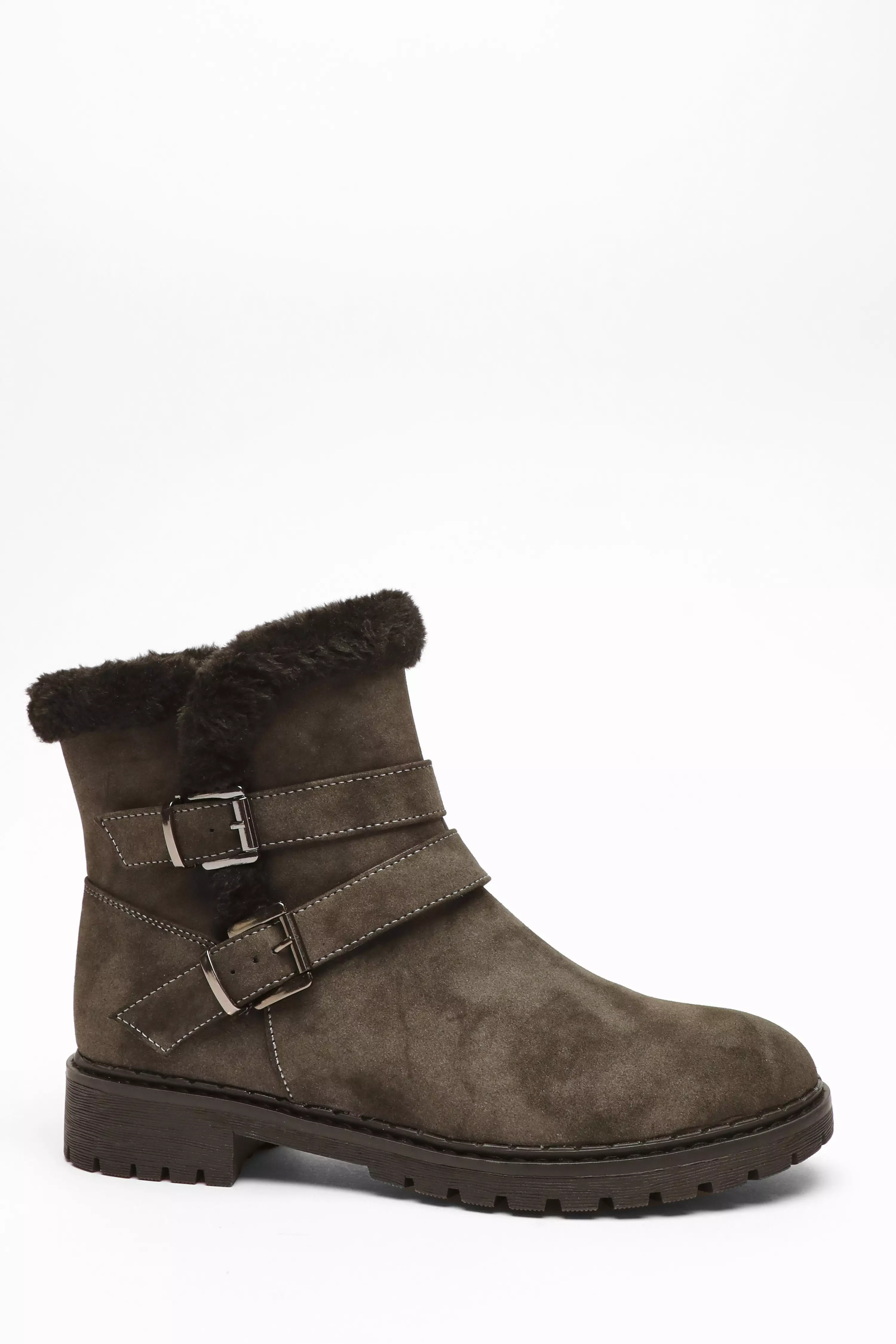 Grey Buckle Faux Fur Ankle Boots