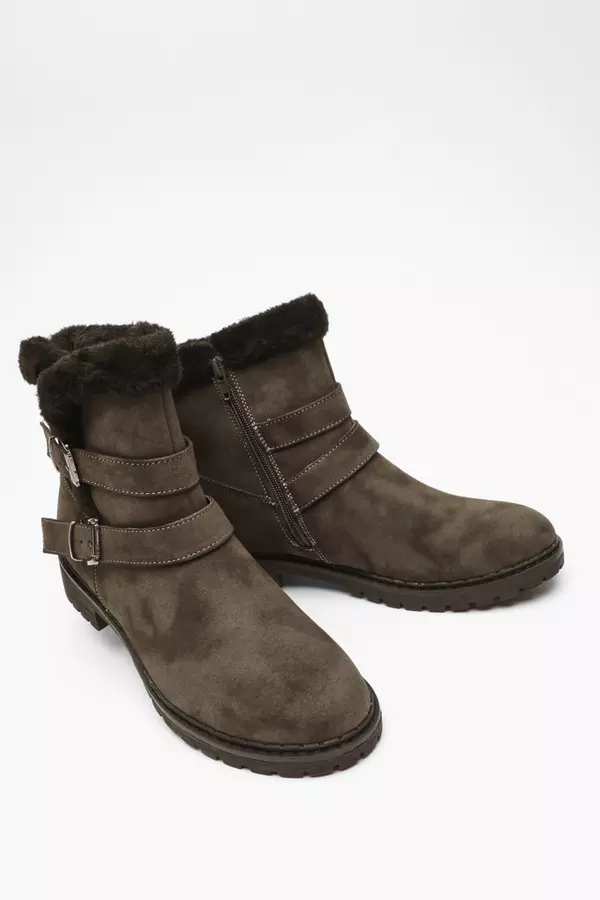 Grey Buckle Faux Fur Ankle Boots