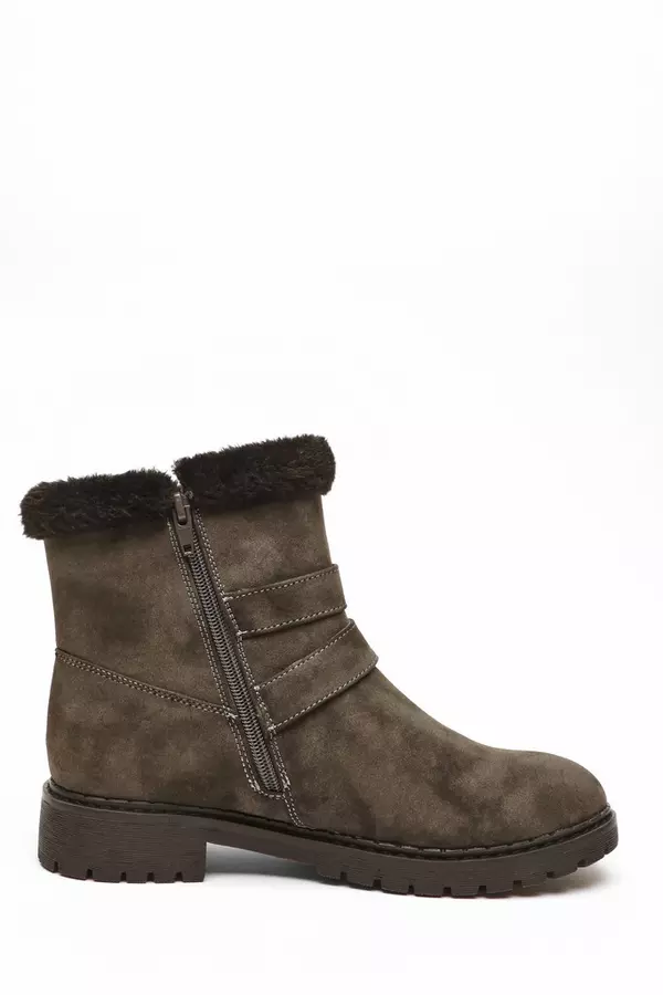 Grey Buckle Faux Fur Ankle Boots