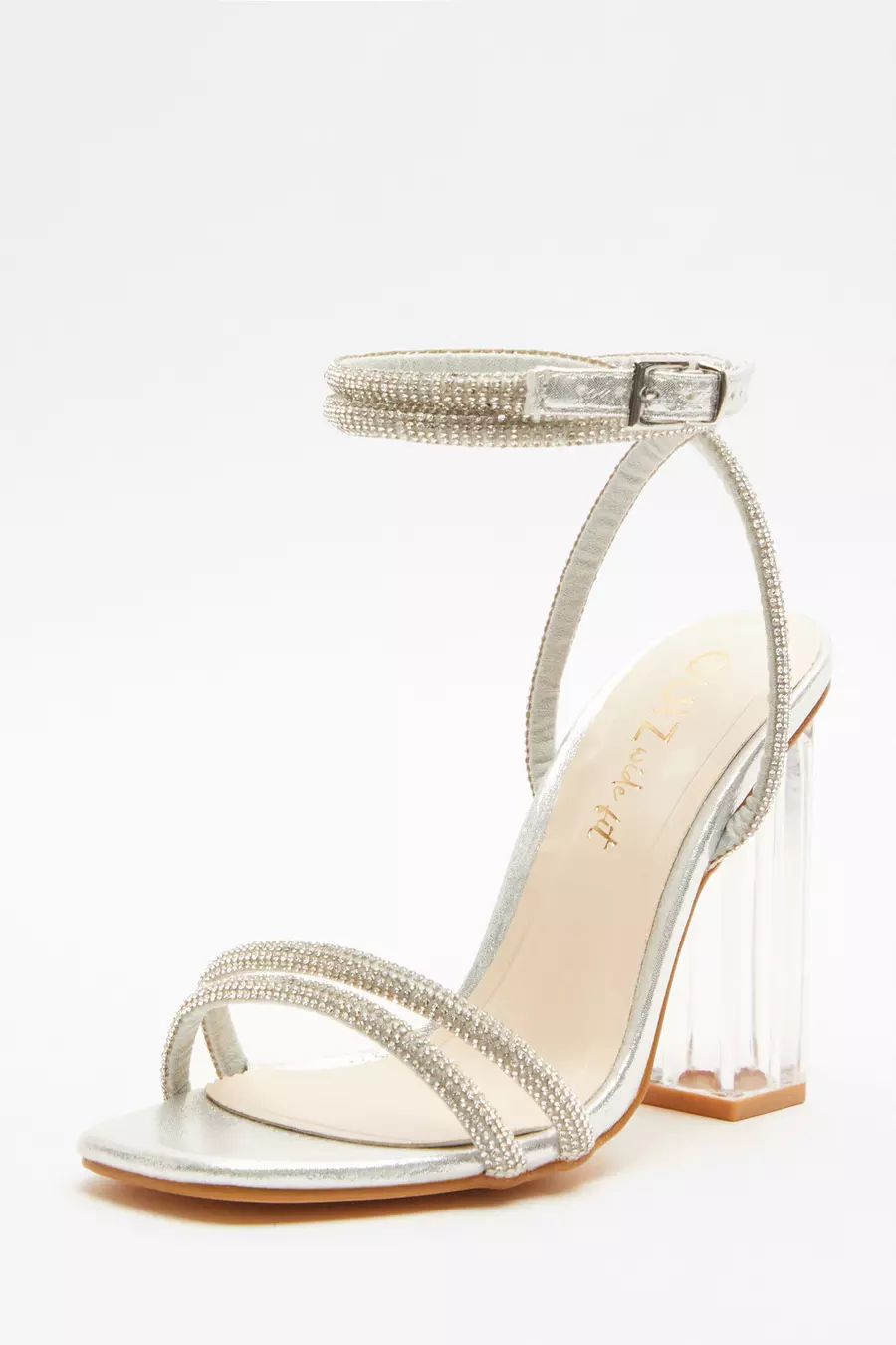 Wide Fit Silver Diamante Clear Heeled Sandals QUIZ Clothing