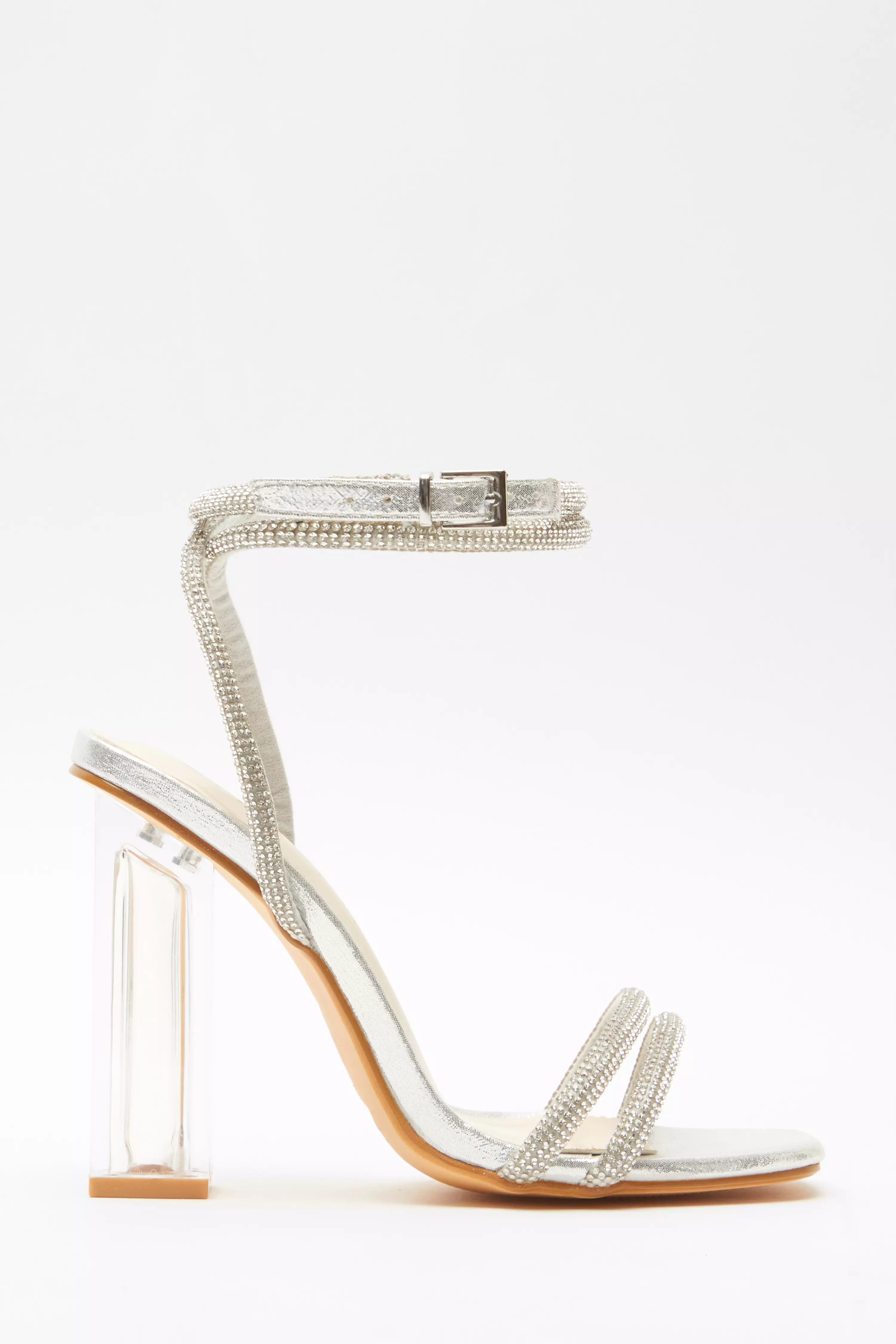 Wide Fit Silver Diamante Clear Heeled Sandals