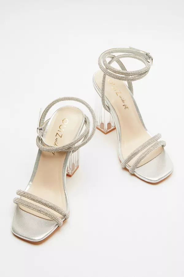Wide Fit Silver Diamante Clear Heeled Sandals