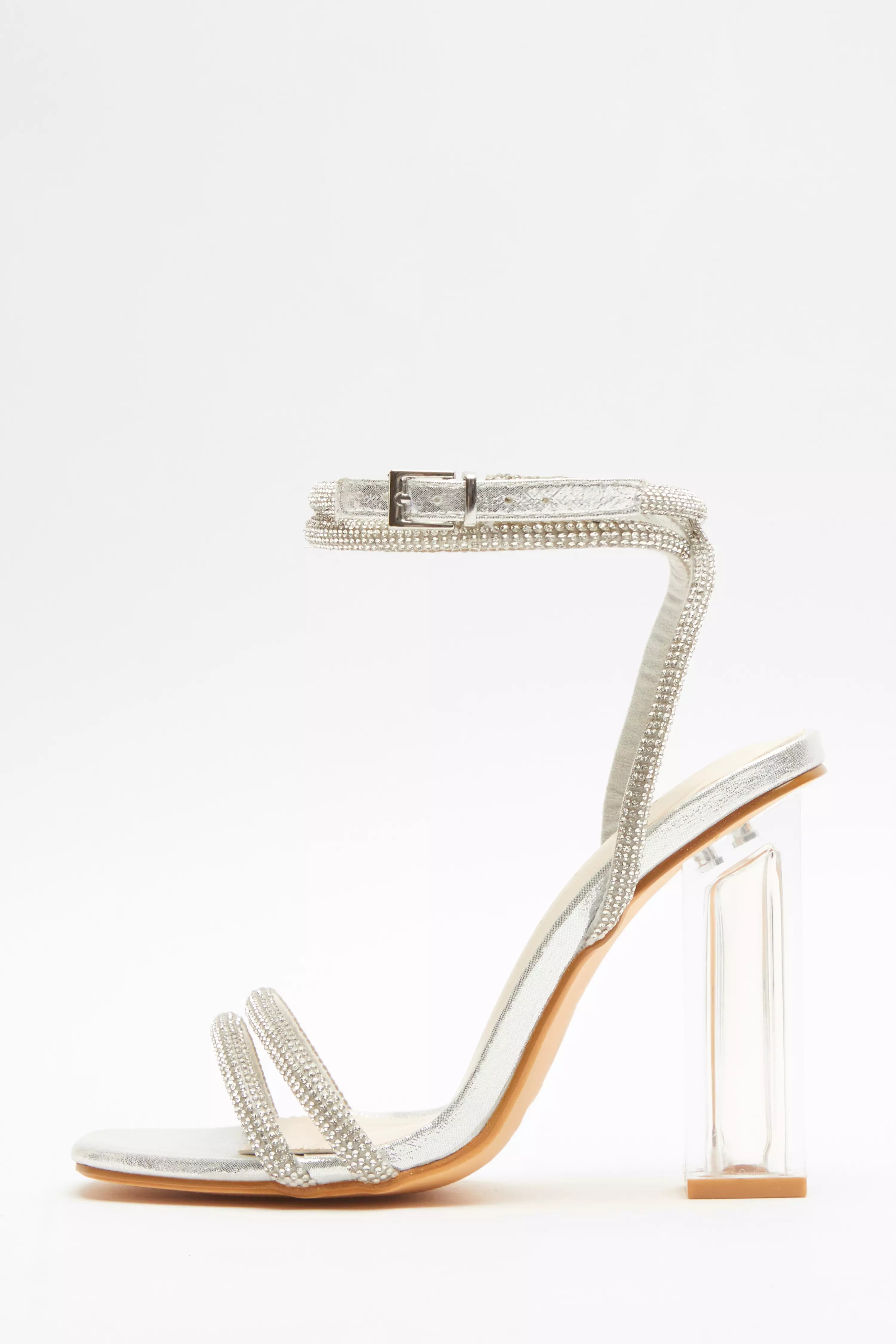 Wide Fit Silver Diamante Clear Heeled Sandals