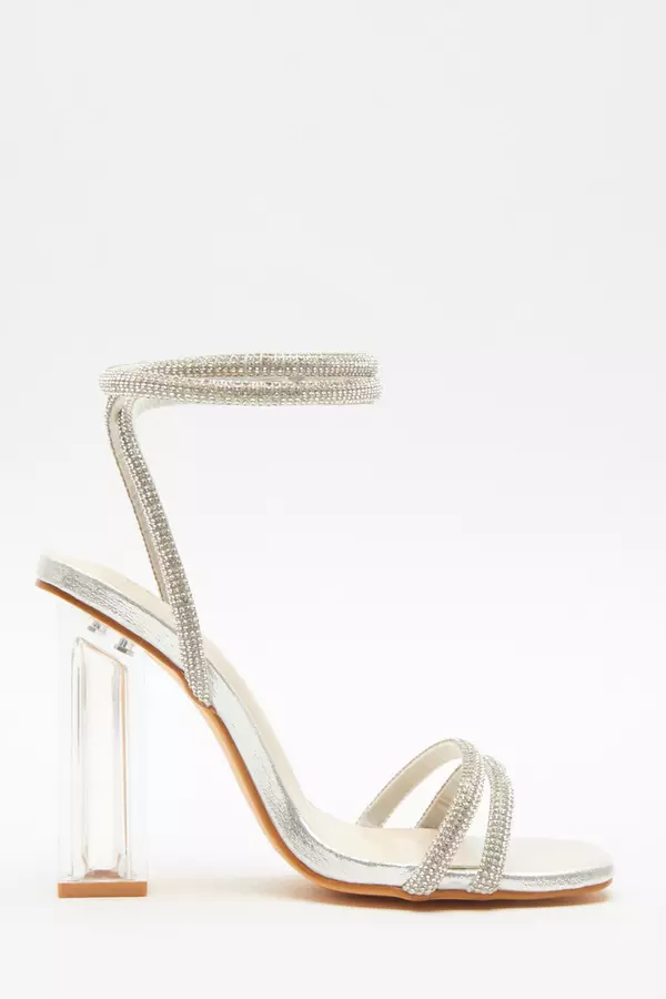 Wide Fit Silver Diamante Clear Heeled Sandals