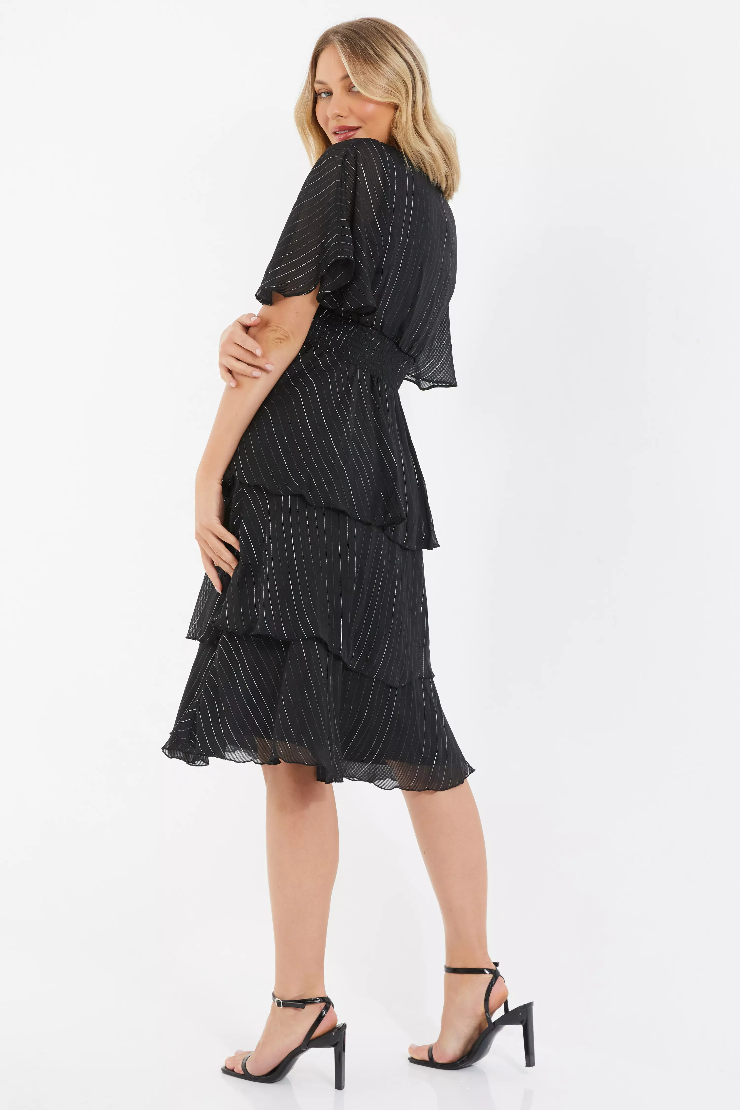 Black Glitter Chiffon Tiered Midi Dress