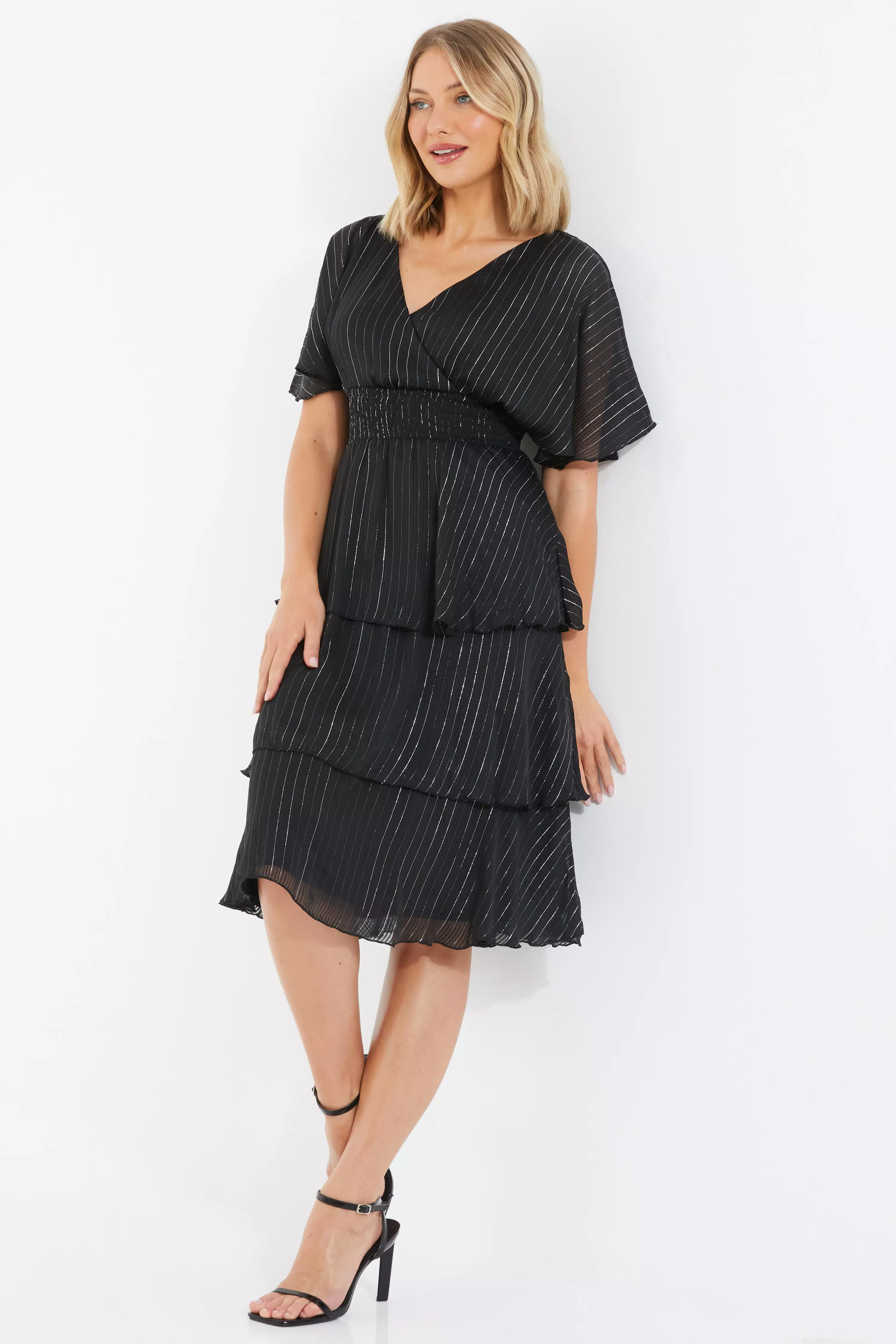 Black Glitter Chiffon Tiered Midi Dress