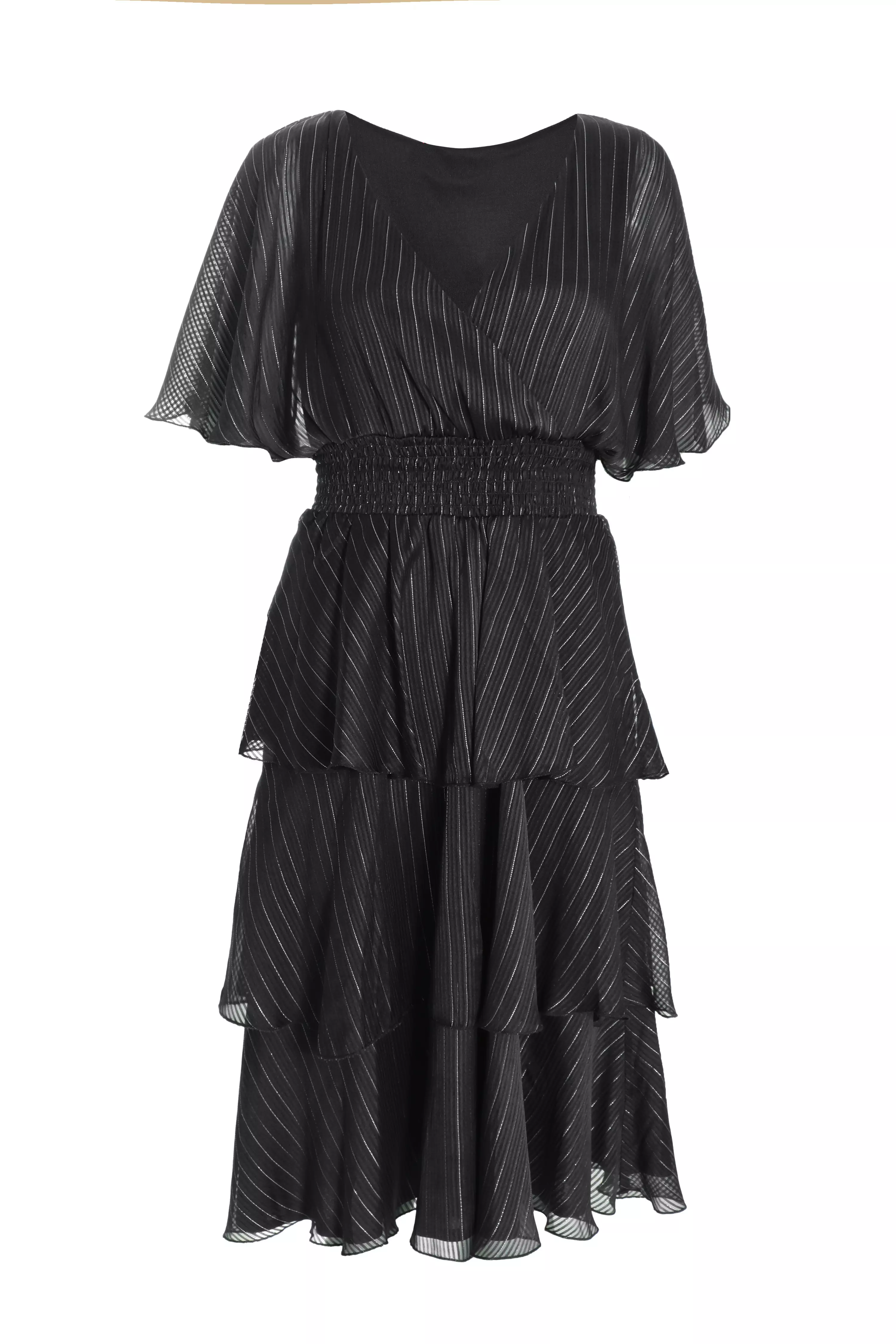 Black Glitter Chiffon Tiered Midi Dress