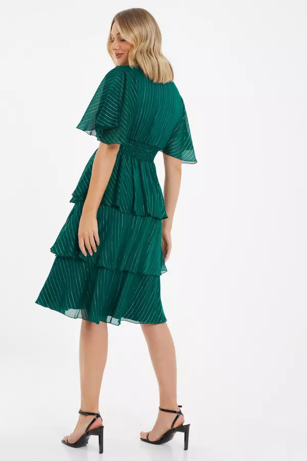 Green Glitter Chiffon Tiered Midi Dress