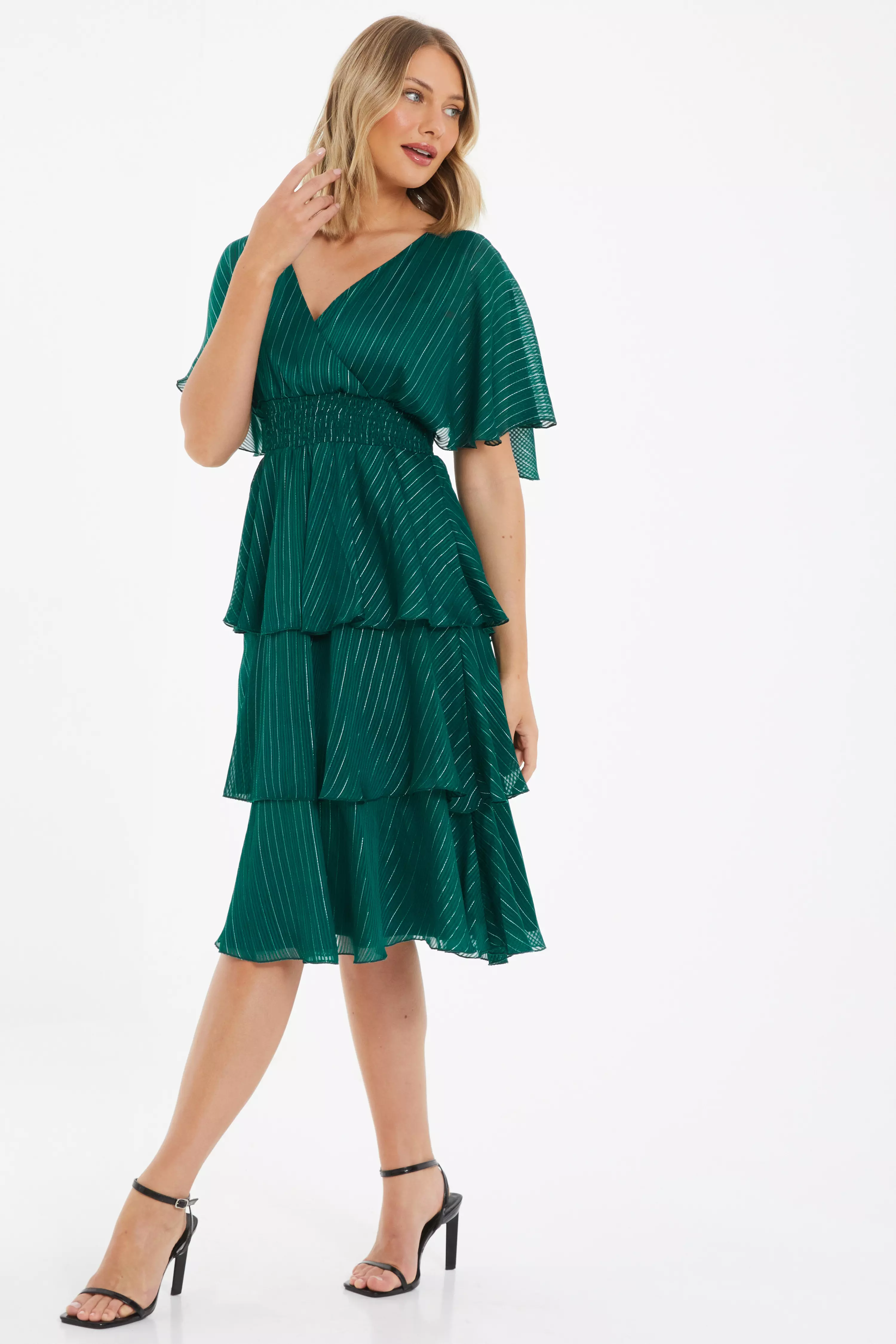 Green Glitter Chiffon Tiered Midi Dress