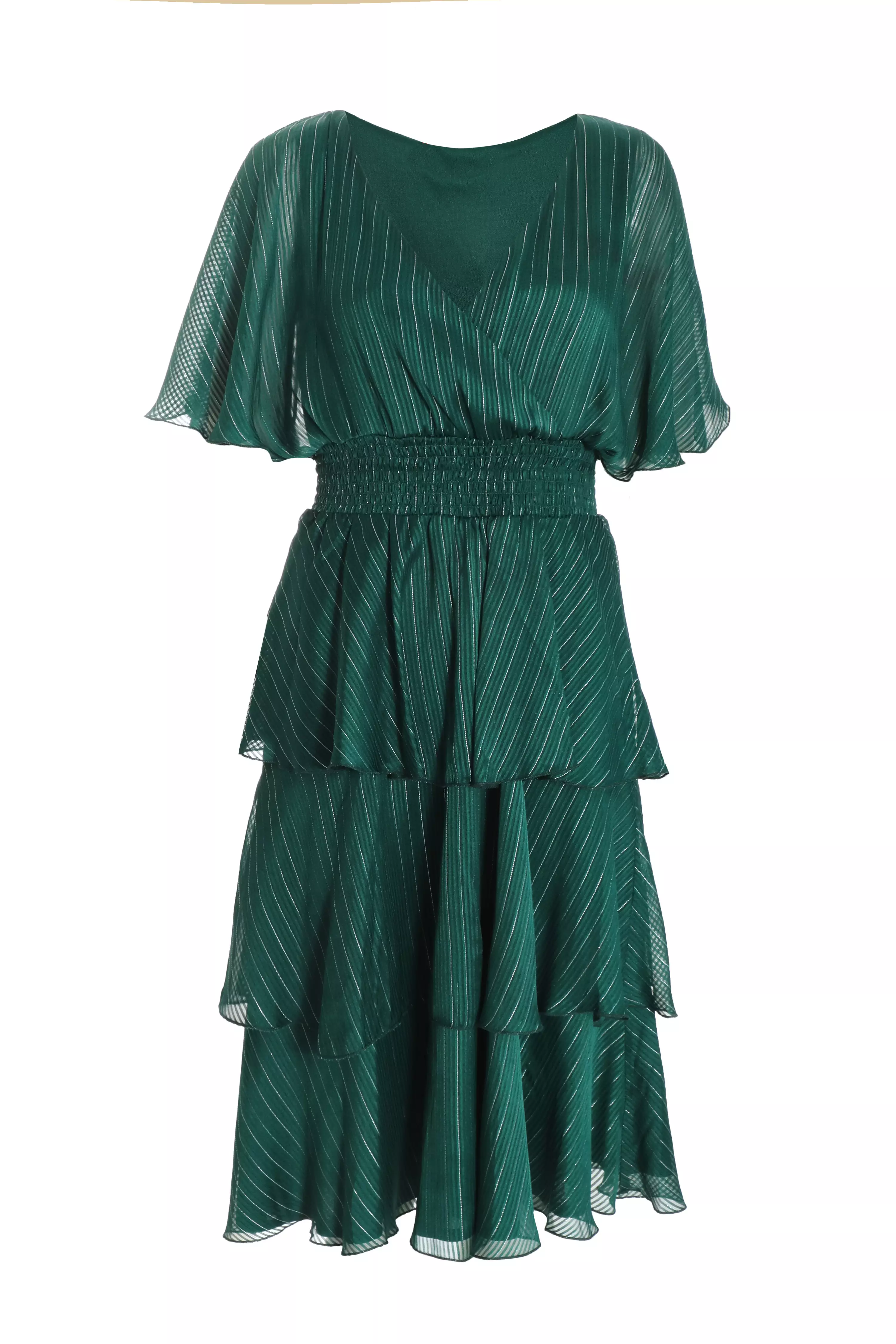 Green Glitter Chiffon Tiered Midi Dress