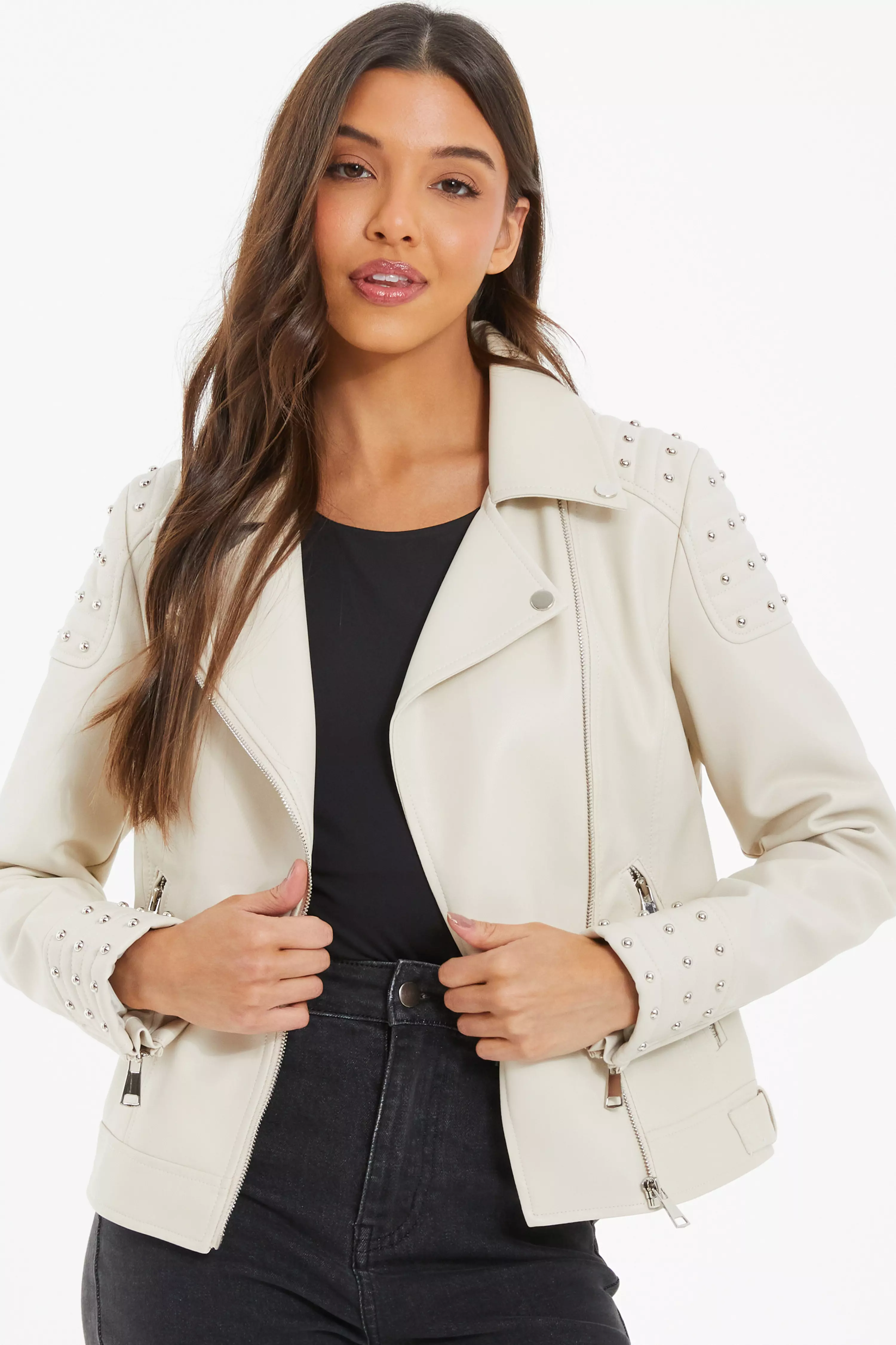 Stone Faux Leather Biker Jacket