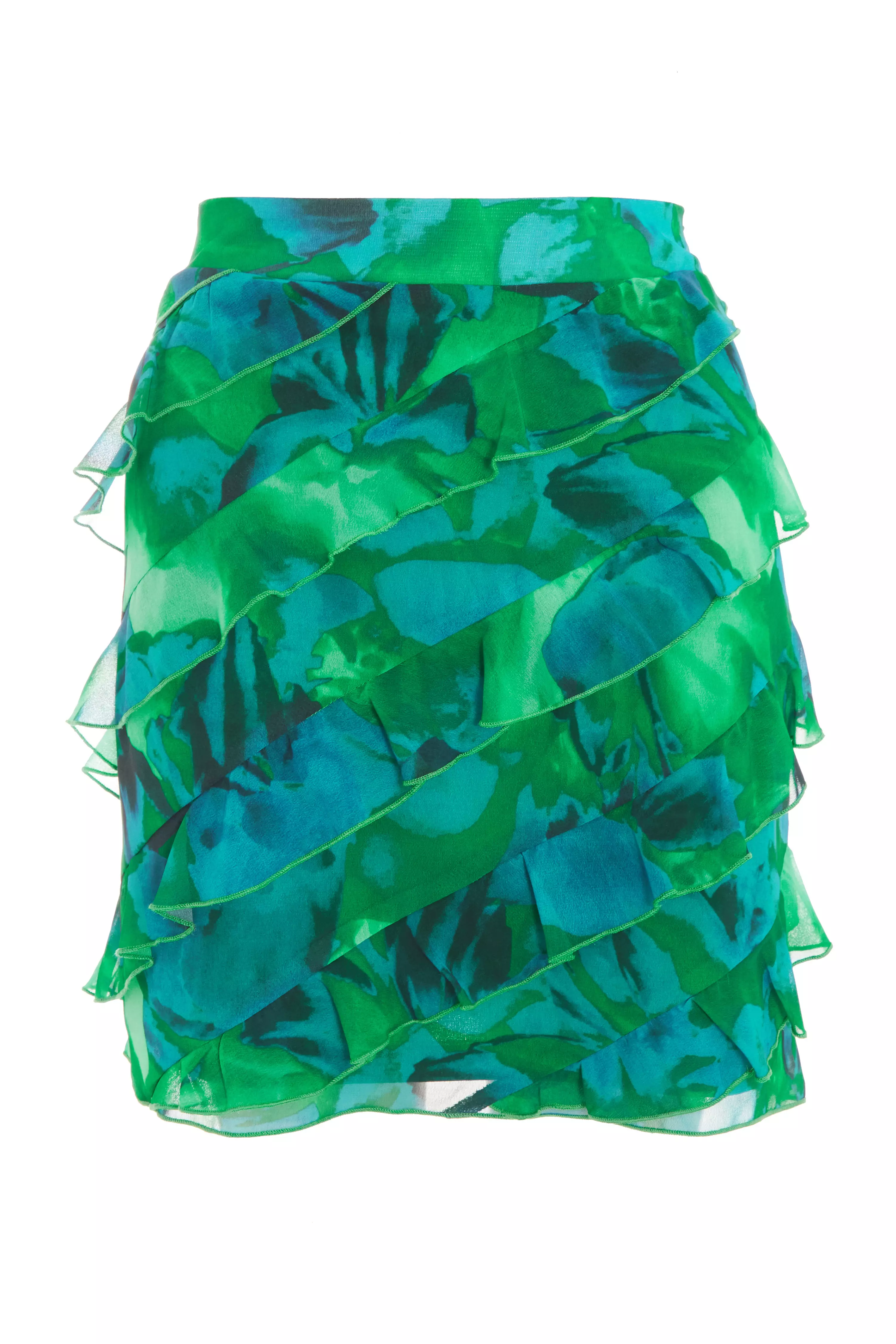 Green Tropical Print Ruffle Mini Skirt