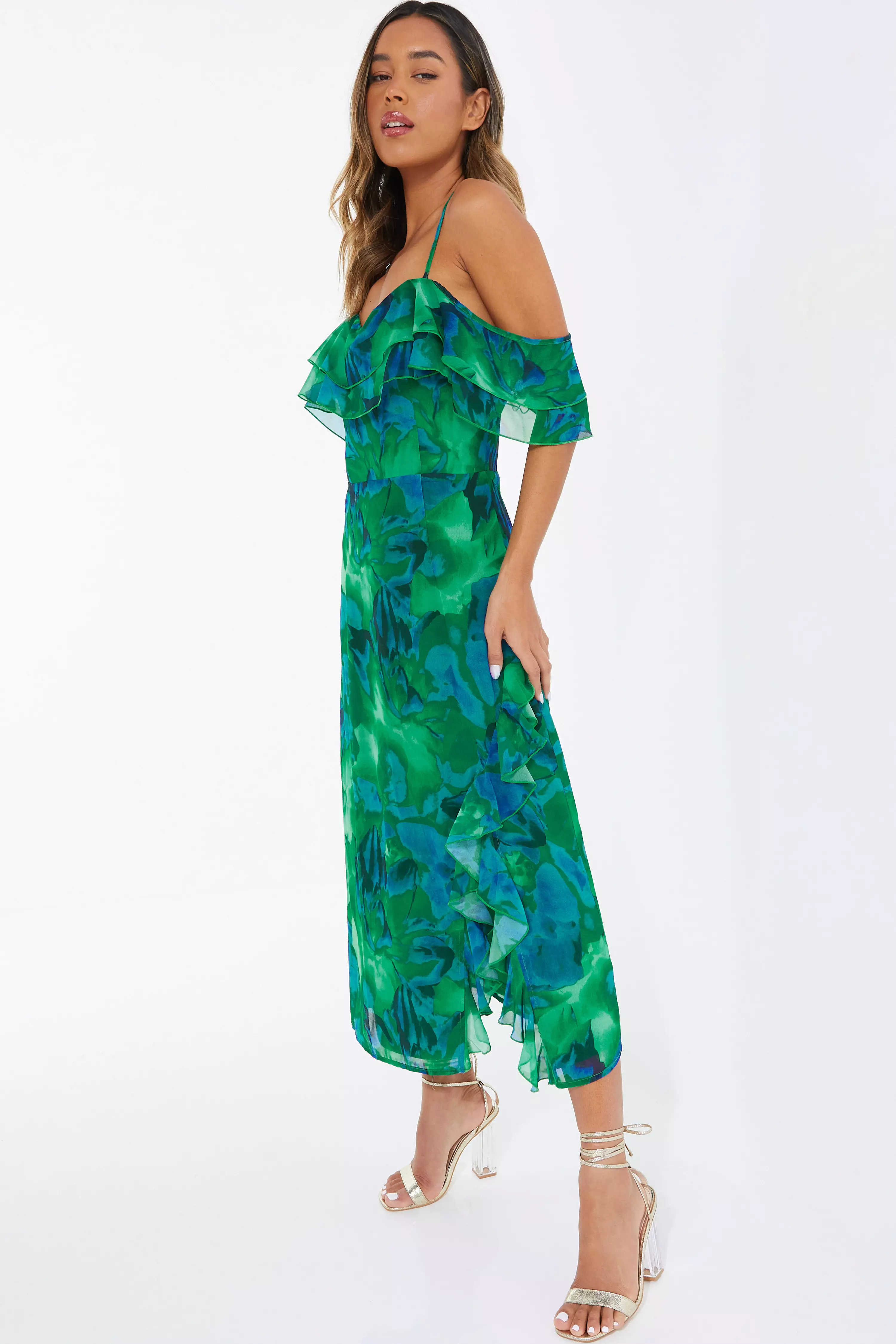 Green Tropical Print Drop Shoulder Midi Dress