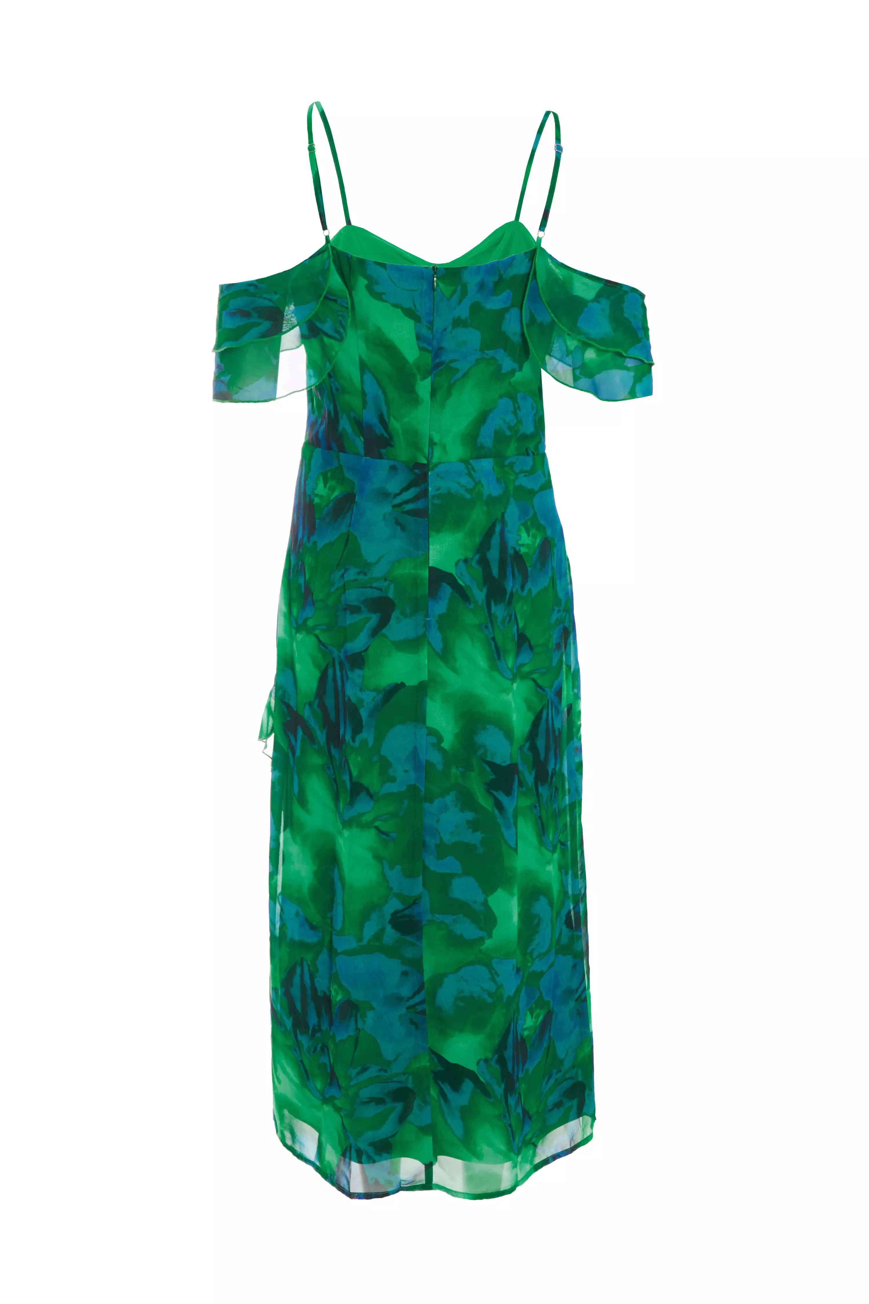 Green Tropical Print Drop Shoulder Midi Dress