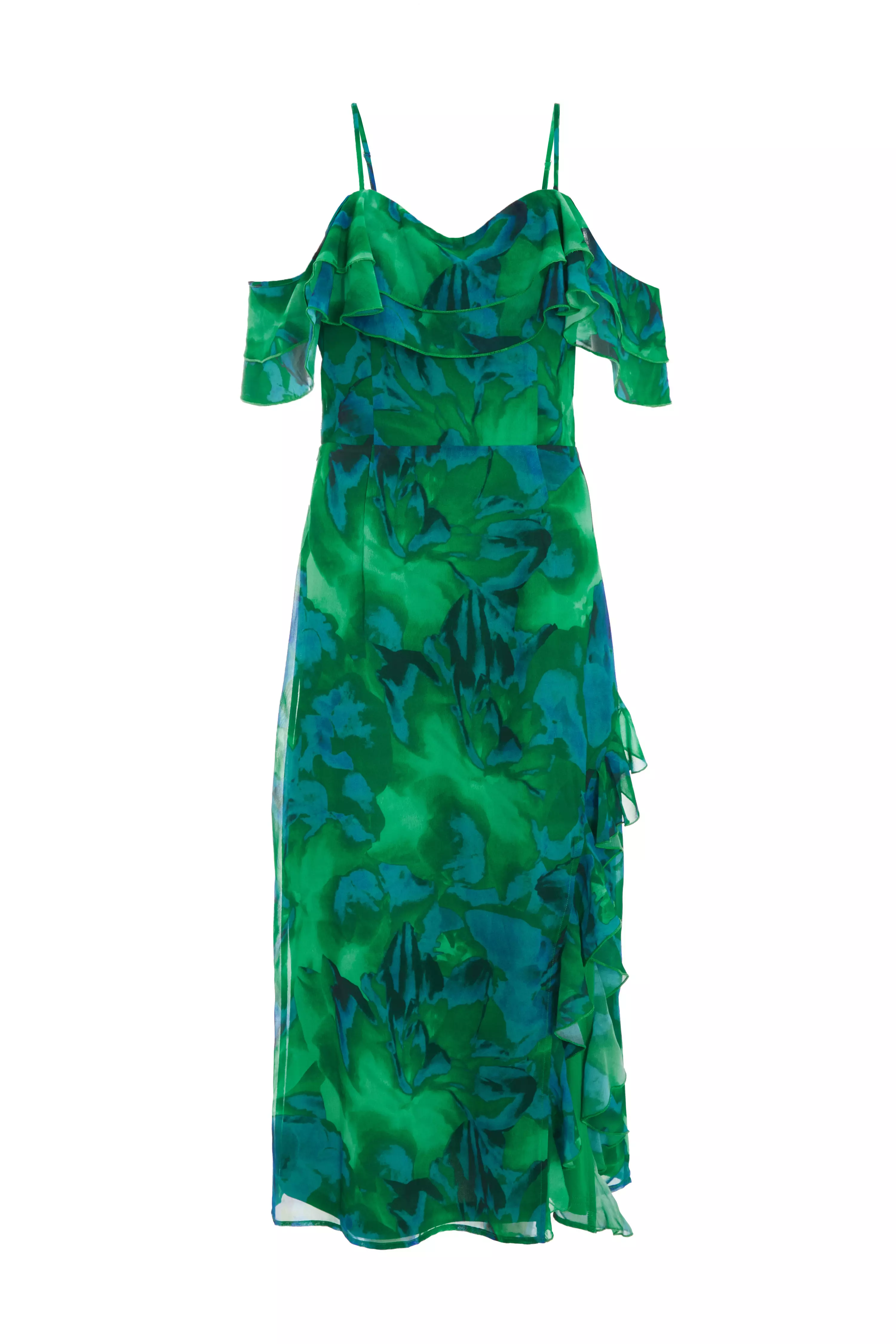 Green Tropical Print Drop Shoulder Midi Dress